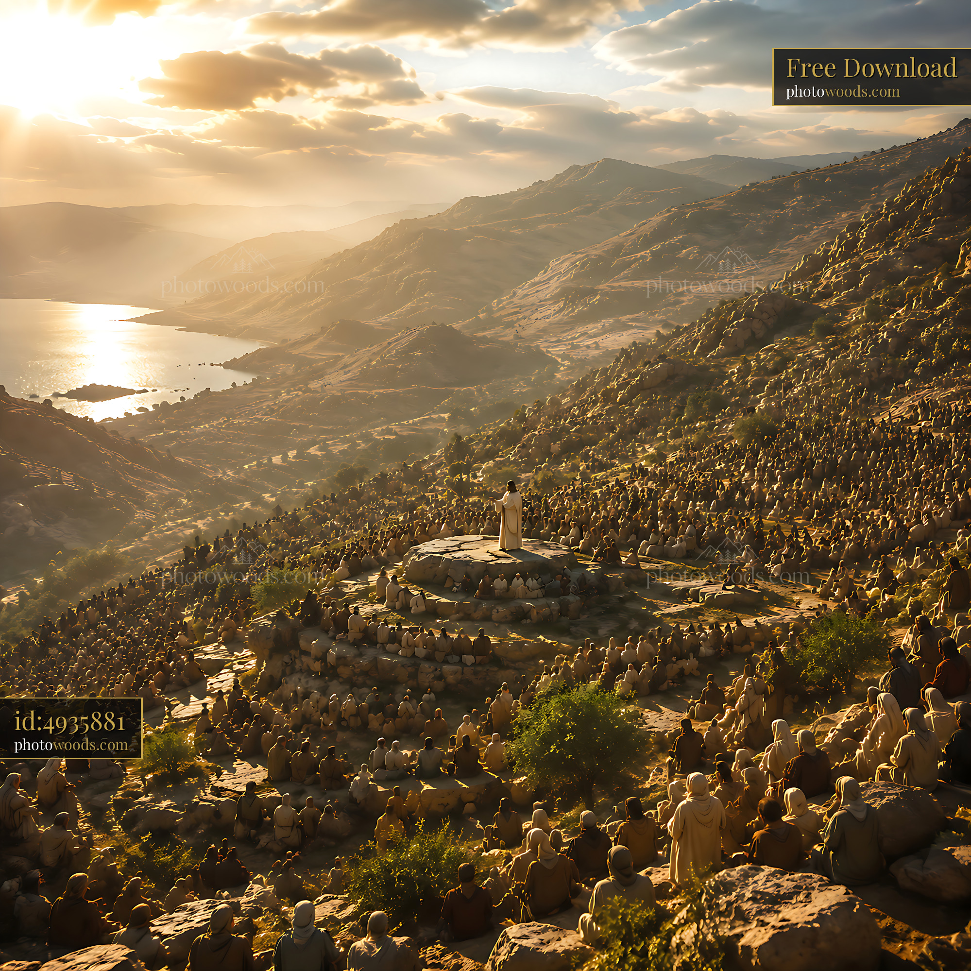 Gathering of Figures on Hillside During Sunset Overlooking Water
