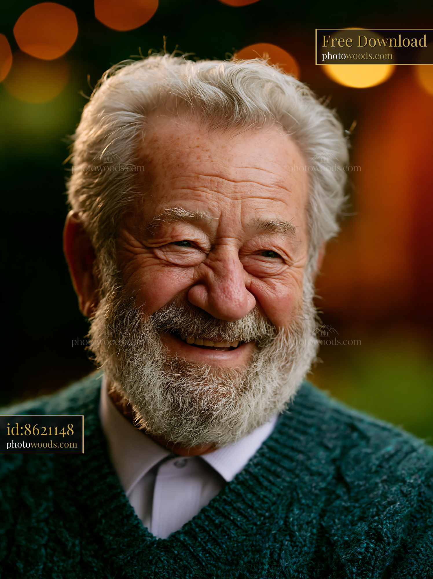 Elderly Man Smiles Warmly Surrounded by Soft Lights in Evening