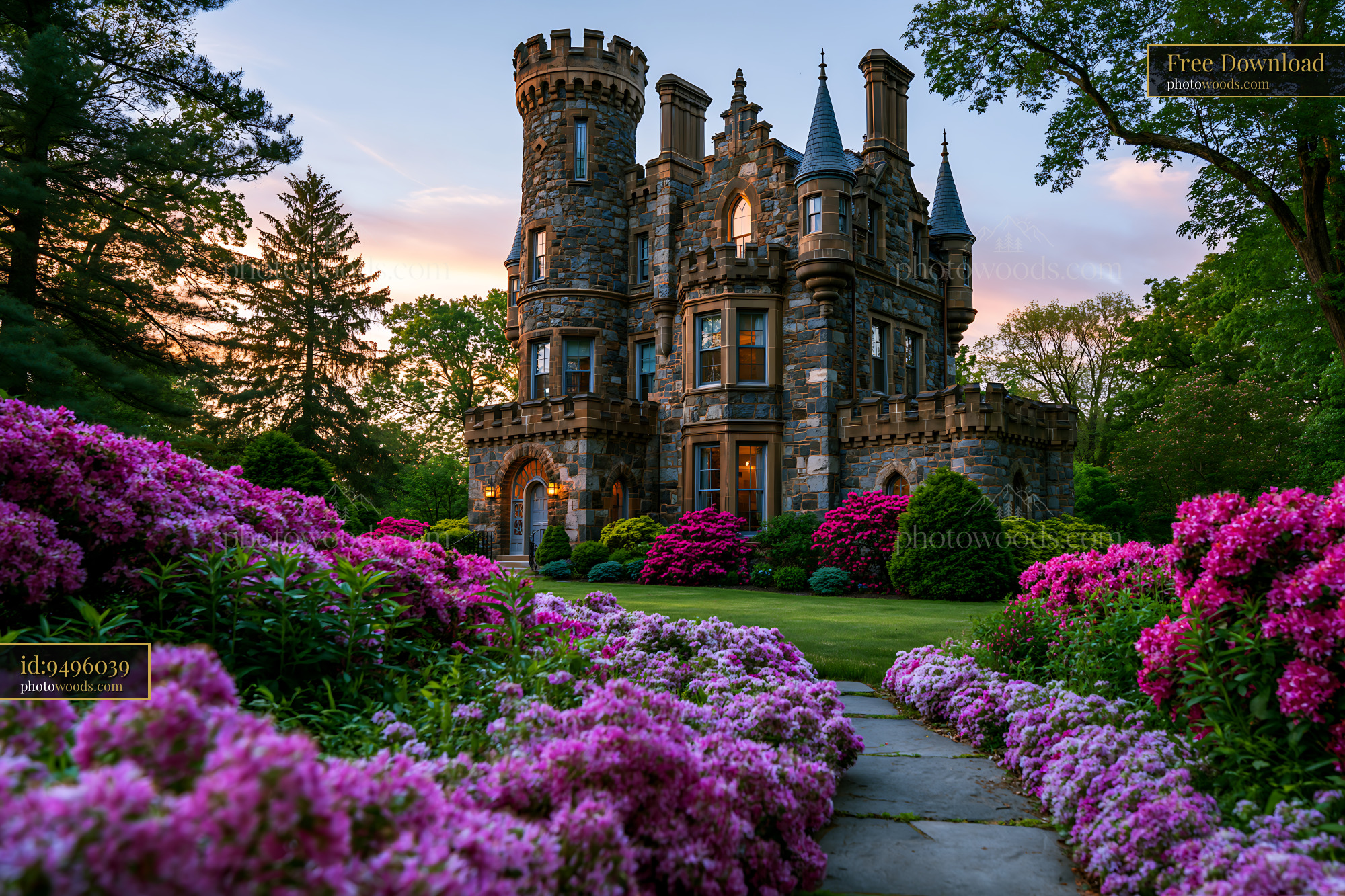 Castle Surrounded by Pink Flowers in Springtime Setting
