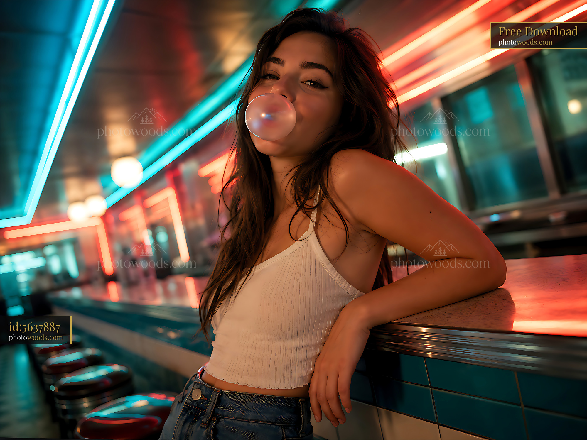 Young Woman Chewing Gum and Leaning in Diner With Neon Lights