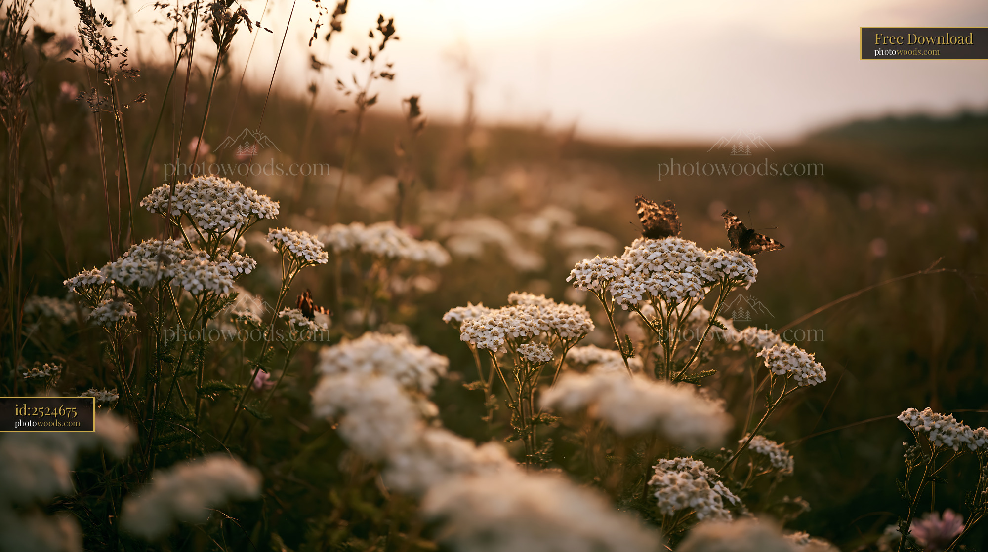 Yarrow Wildflowers Blooming at Golden Hour in a Meadow