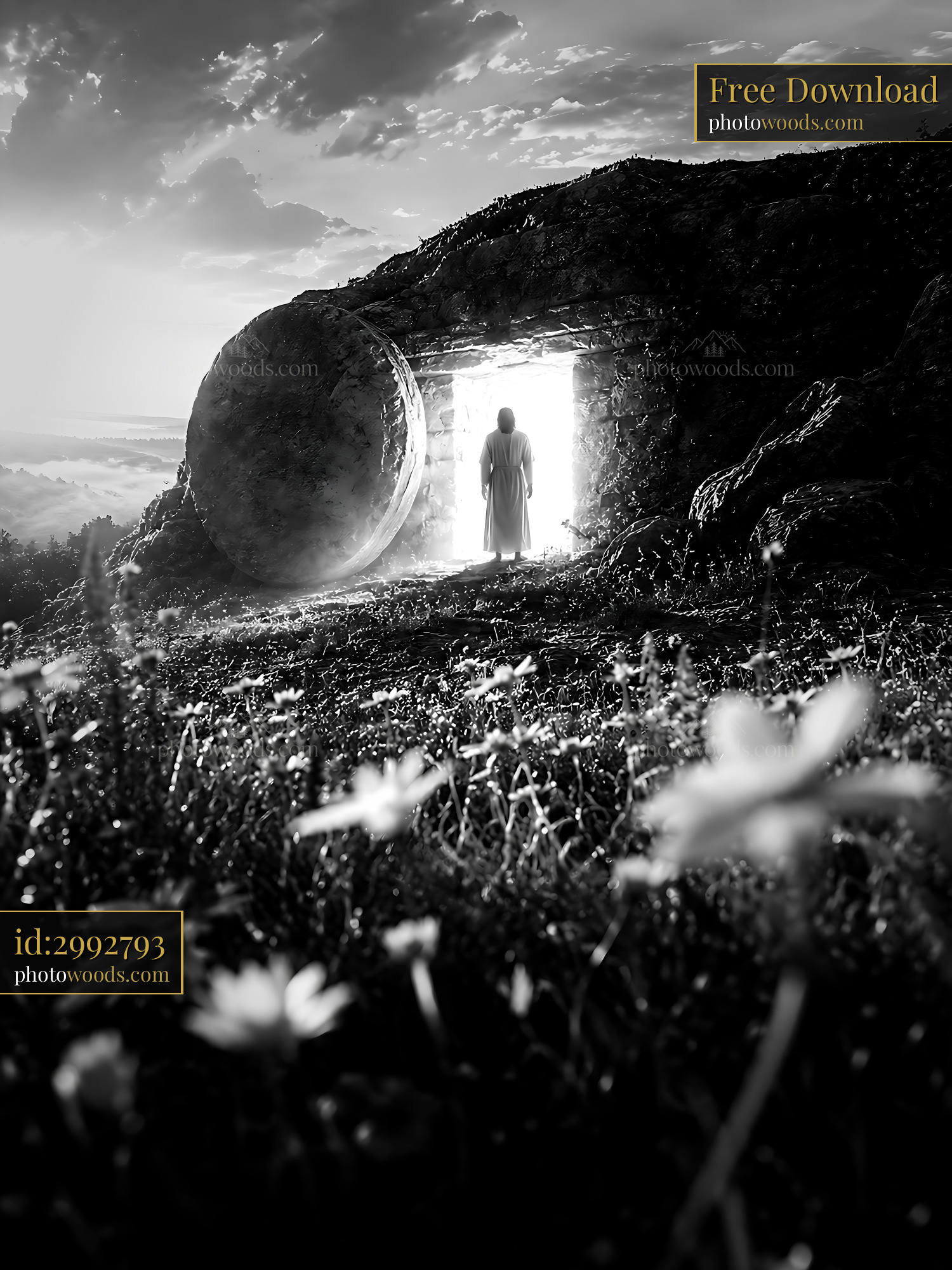 Person Standing Before Stone Entrance in Open Landscape