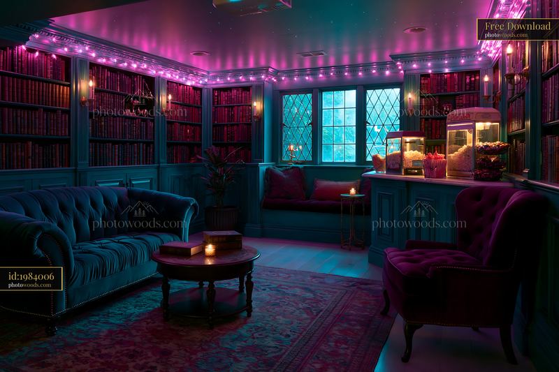 Dark Academia Basement Cinema With Bookshelves and Glow Lights