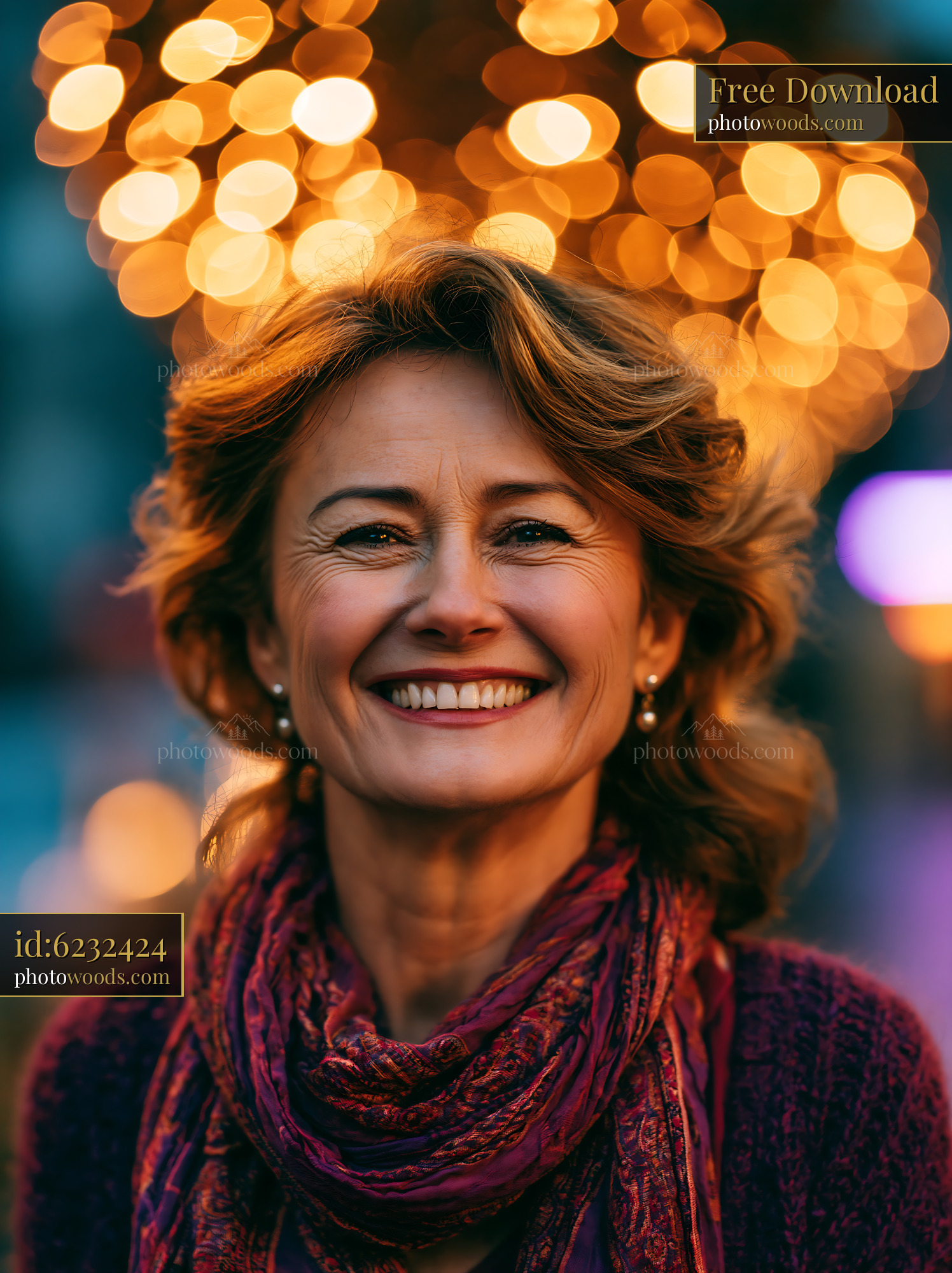 Mature Woman Laughing Joyfully Surrounded by Festive Lights