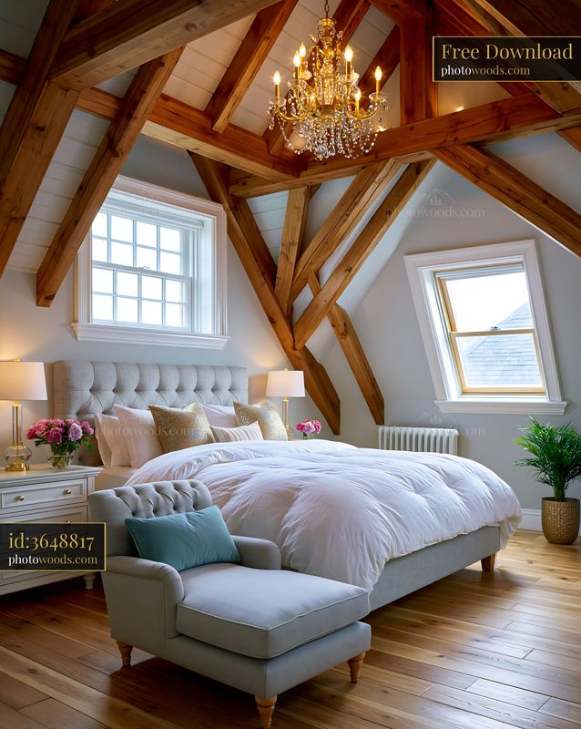 Bright Attic Master Suite With Exposed Beams and Elegant Decor