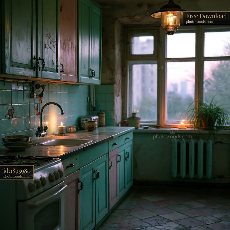 Shabby Kitchen With Mismatched Cupboard Doors and Soft Evening Light