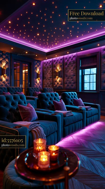 Luxury home theater with comfortable seating and stylish lighting