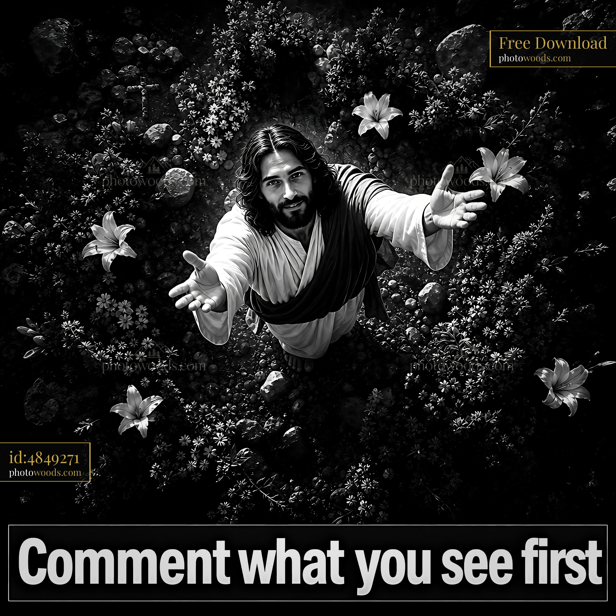 Jesus Reaching out to Followers in Floral Surroundings