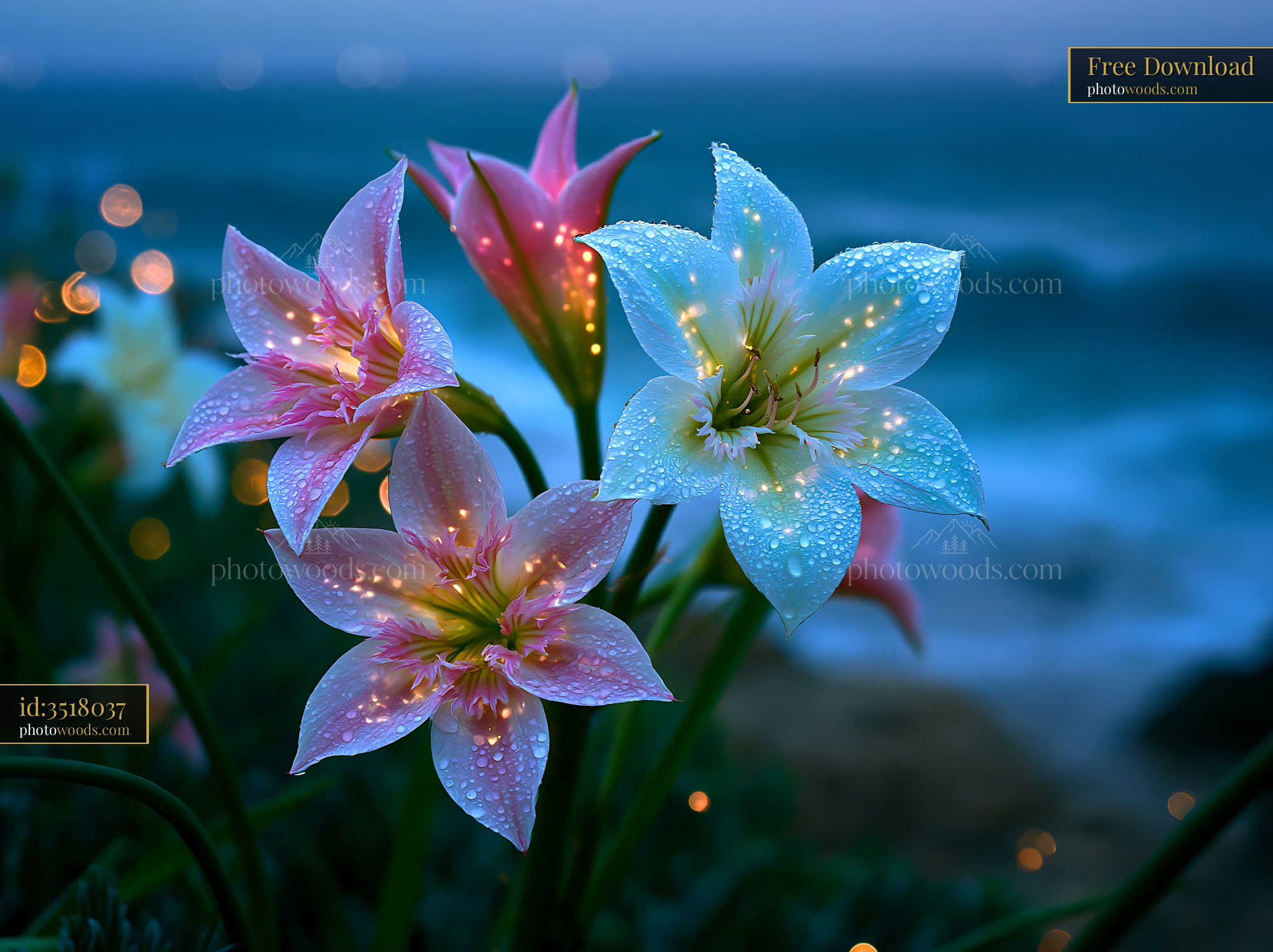 Flowers Bloom With Dew Near Ocean Waves at Twilight