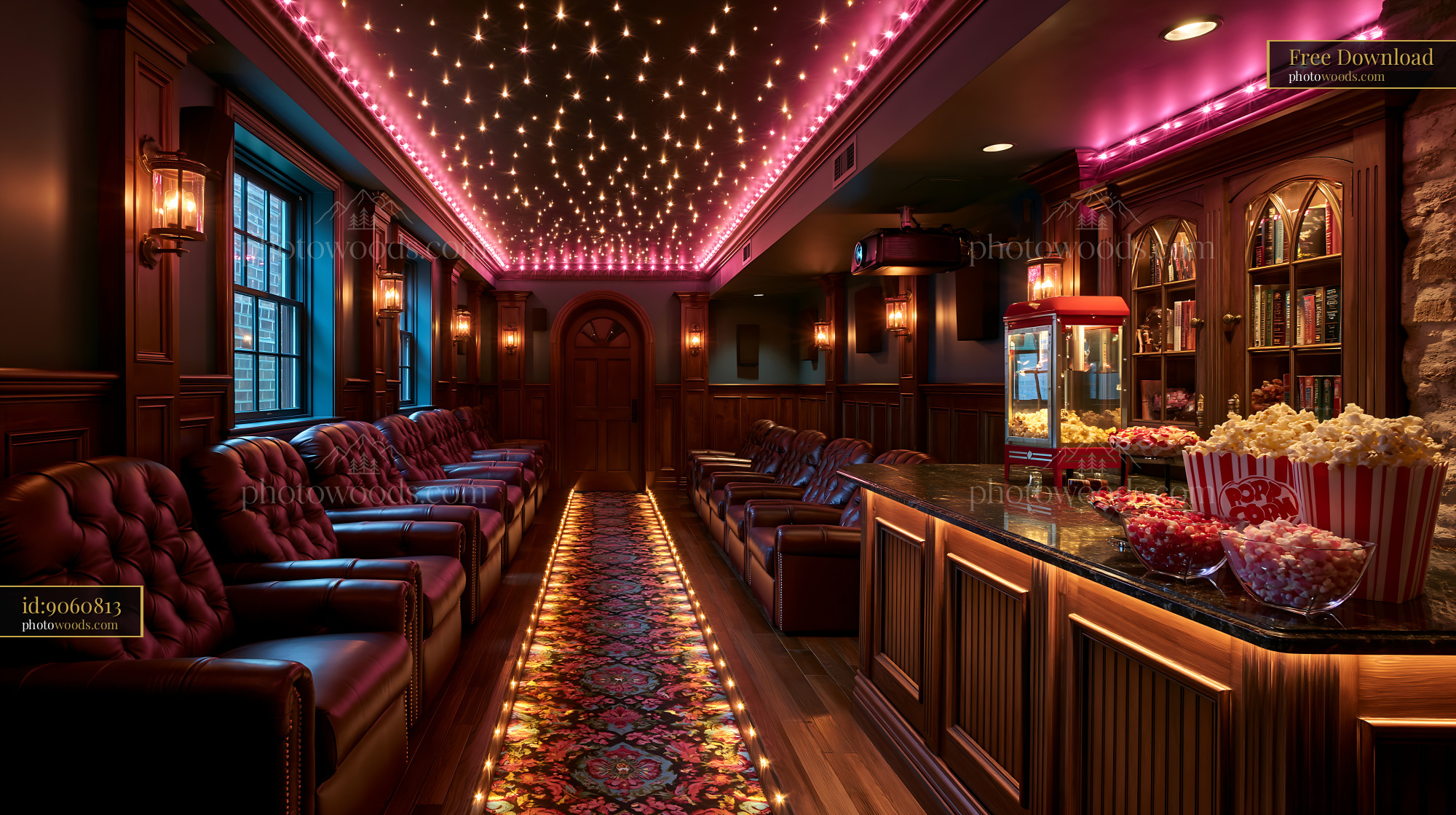 Basement Cinema With Illuminated Ceiling and Plush Seating