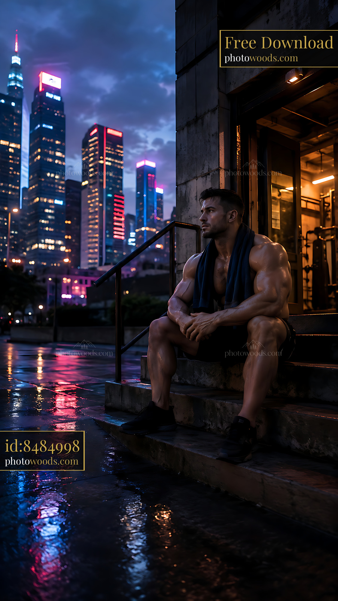 Muscular Man Resting on Steps Near Gym in City at Night
