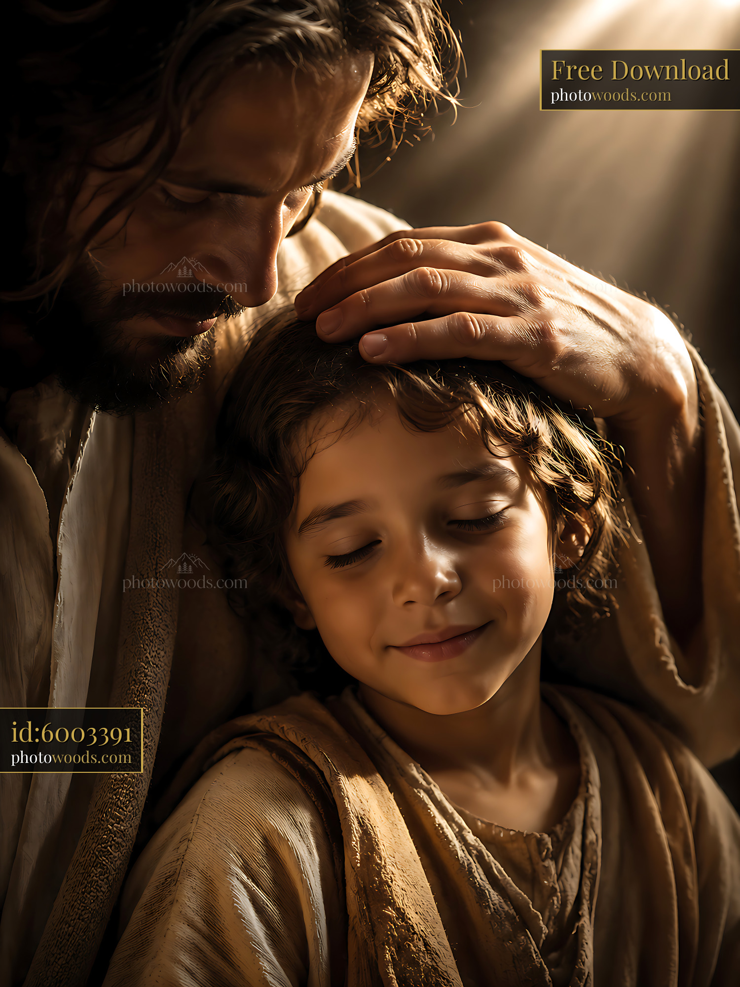 Man Holds Child's Head With Gentle Touch in Soft Light