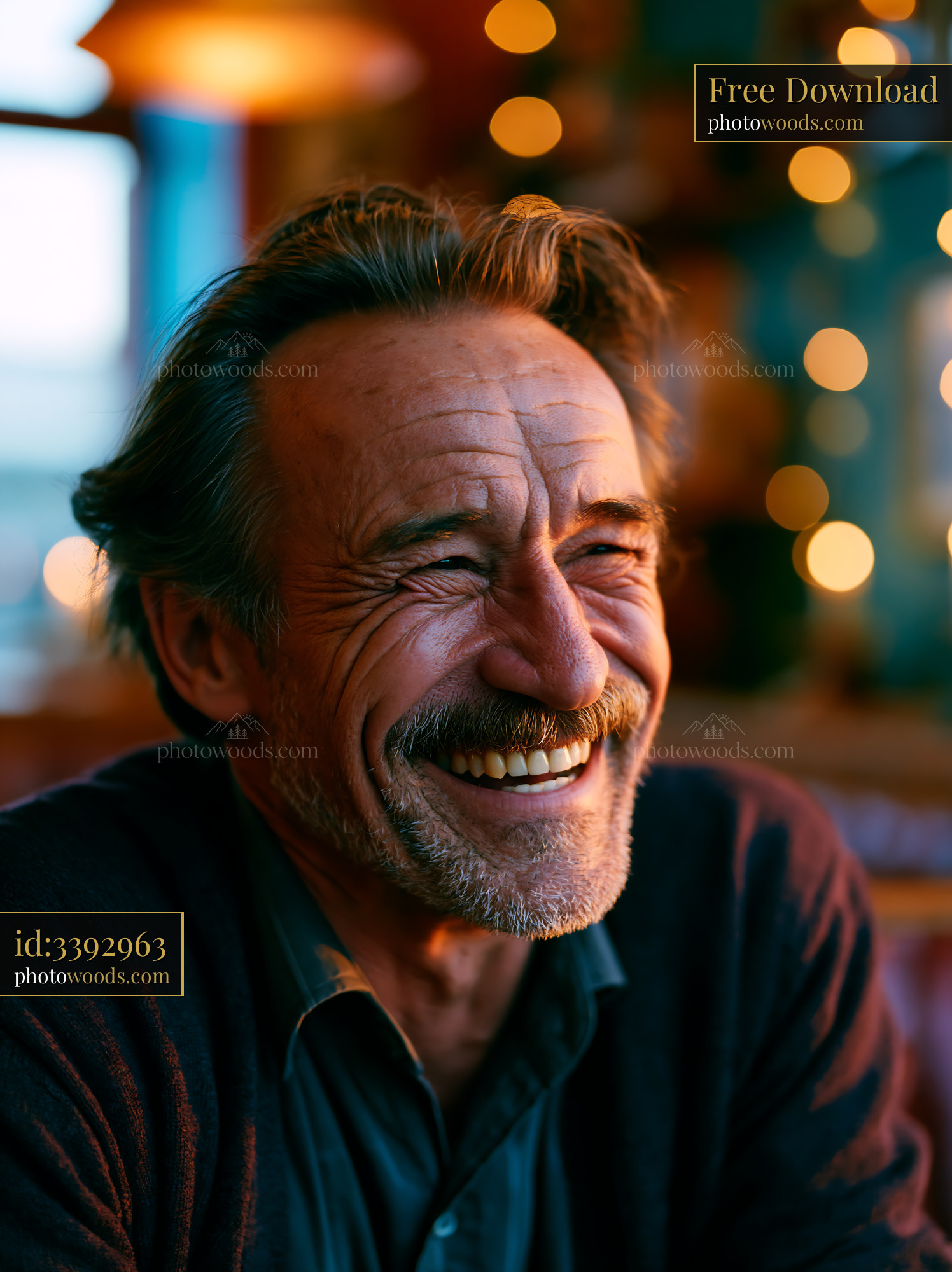 Man Smiling With Joy Sitting Indoors Near Warm Lights