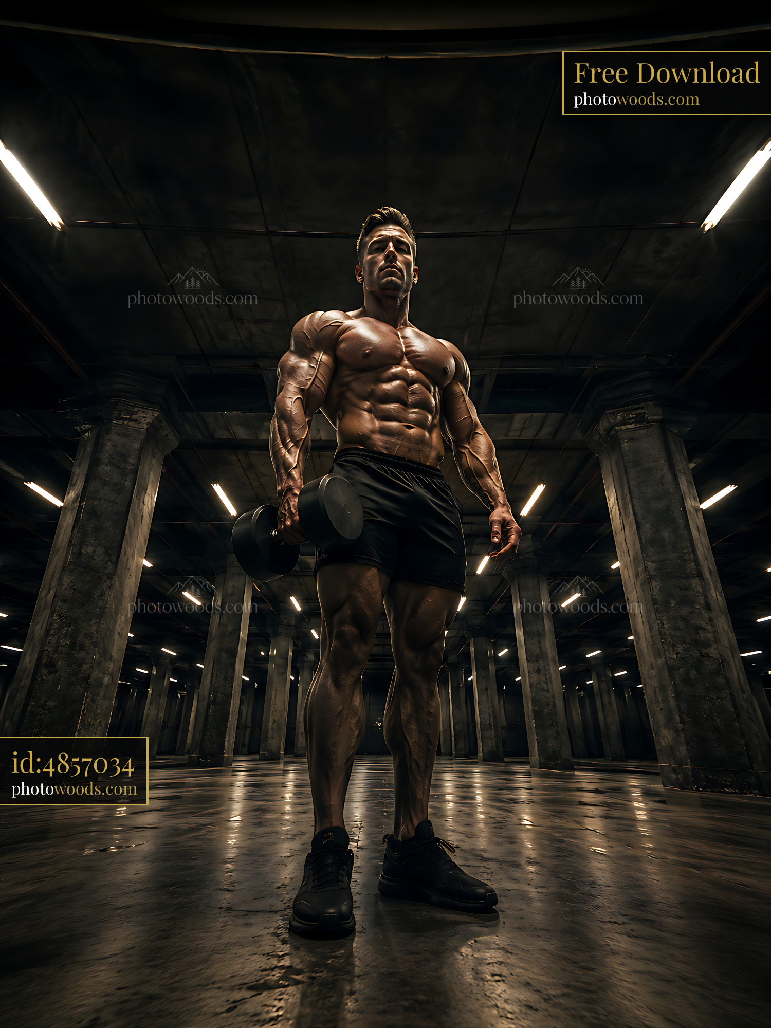 Man Lifting Dumbbell in Dark Gym With Strong Lighting