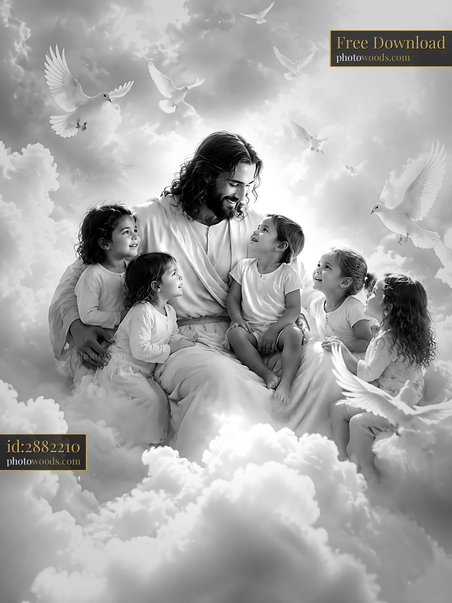 Jesus Surrounded by Children in Clouds With Doves Flying