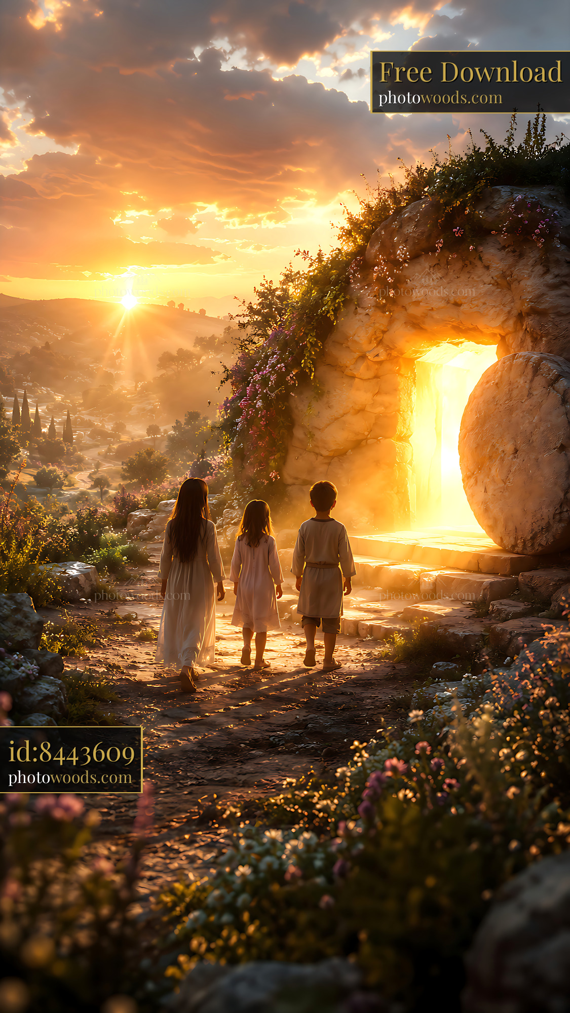 Children Walking Towards a Bright Doorway in a Sunset Landscape