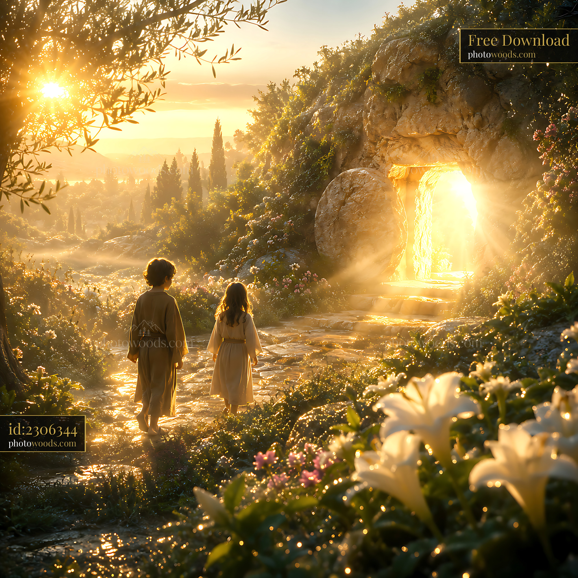 Children Walk on a Path Near a Glowing Entrance and Flowers