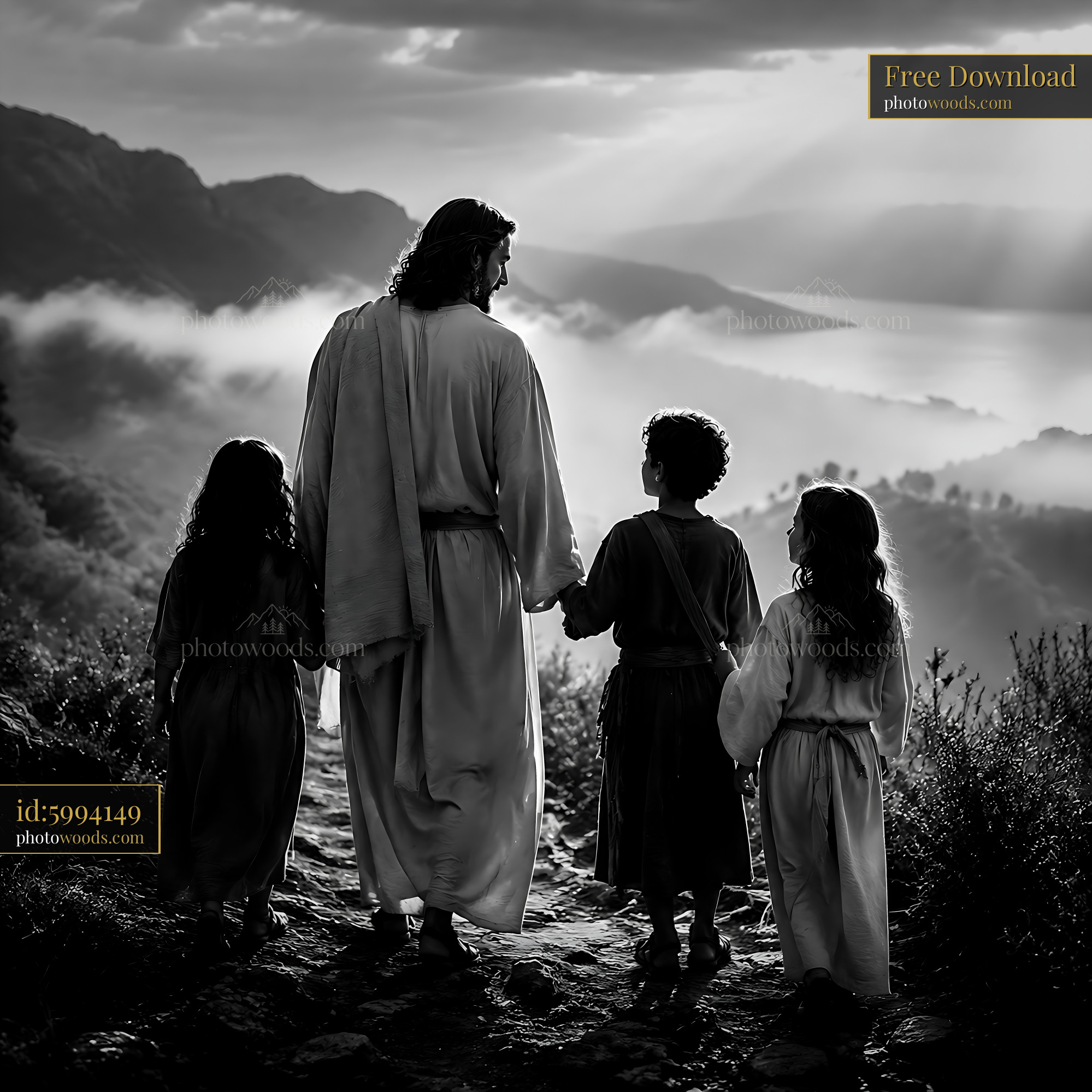 Jesus Walking With Children in Nature During Sunset Hours