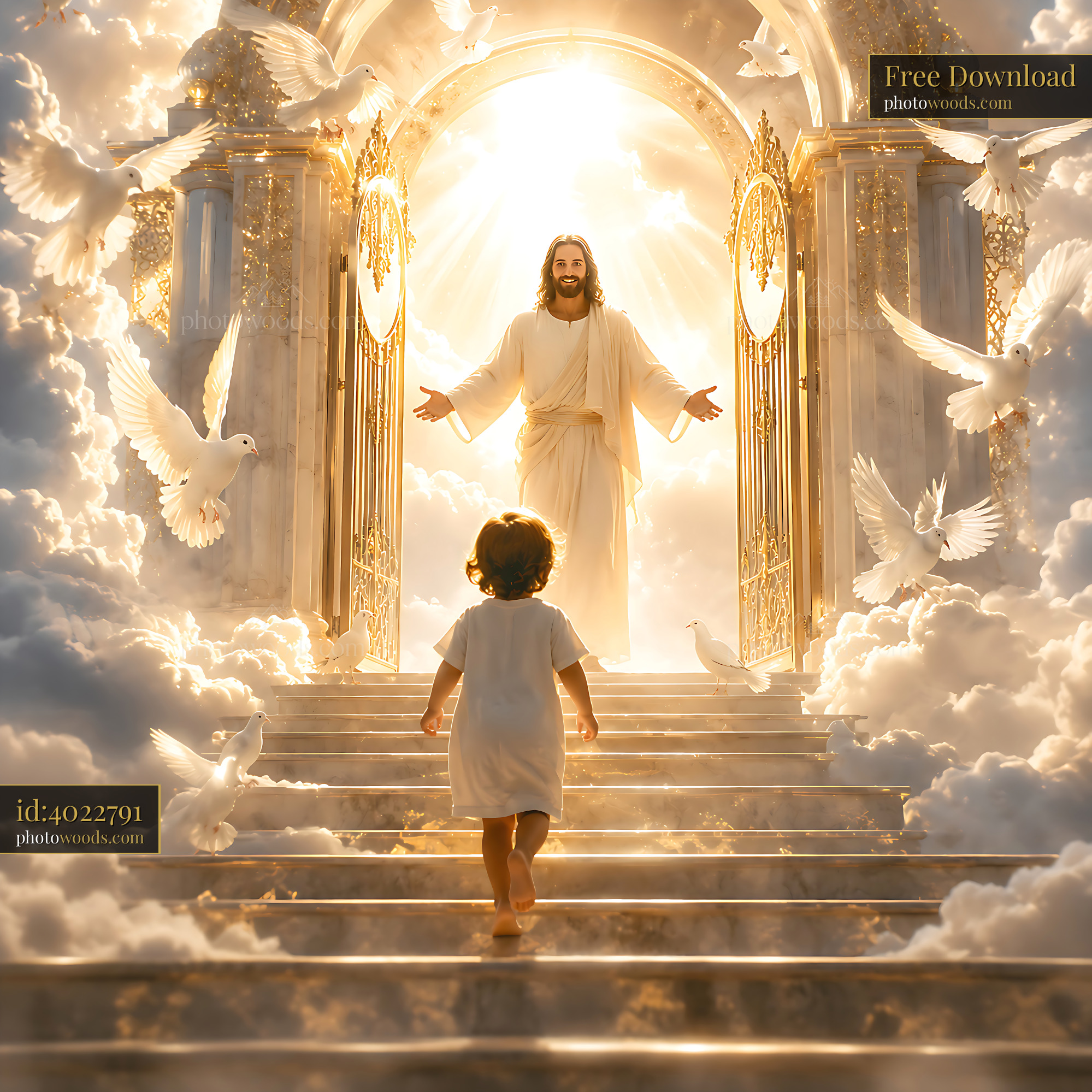 Child Walks Towards Figure in Bright Light at Heavenly Gates