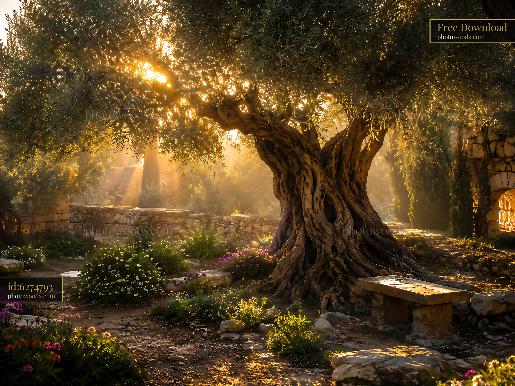 Olive Tree Stands in Sunlight Surrounded by Flowers and Stones