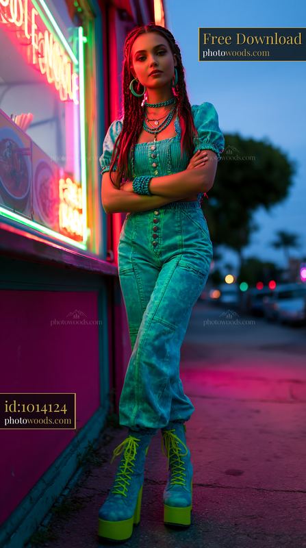Model With Braided Hair in Acid Wash Outfit Standing by Neon Lights