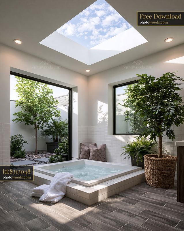 Modern Bathroom With Sunken Tub and Skylight in a Bright Setting