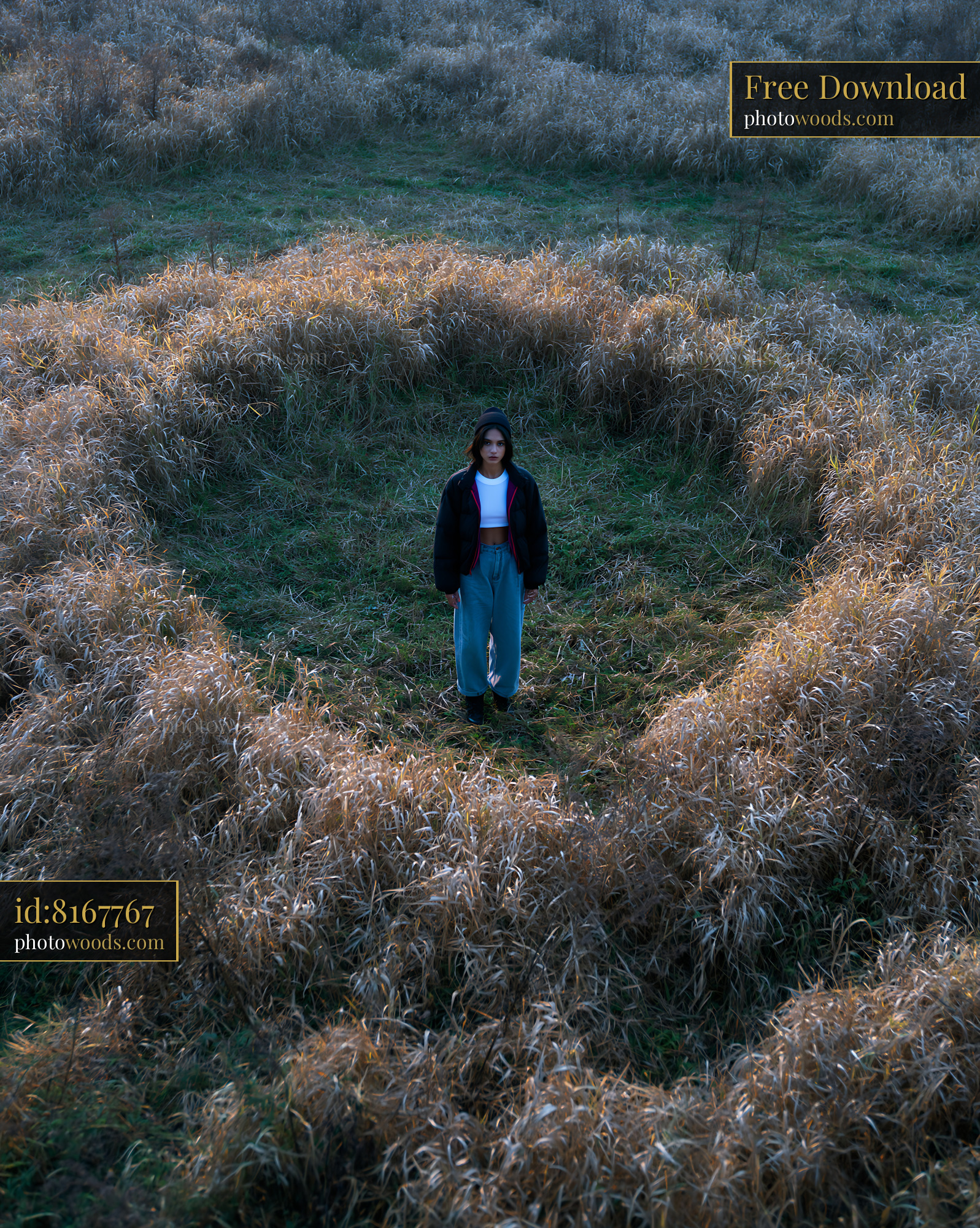 Woman Standing in Heart-Shaped Grass Formation in Open Field