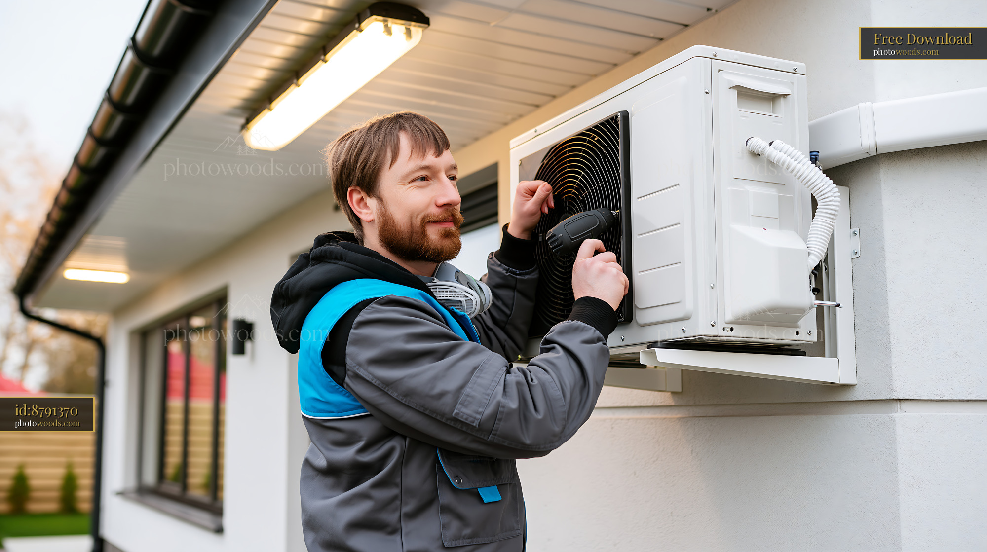 Customs Clerk Installing a Modern Heat Pump Outside a Building