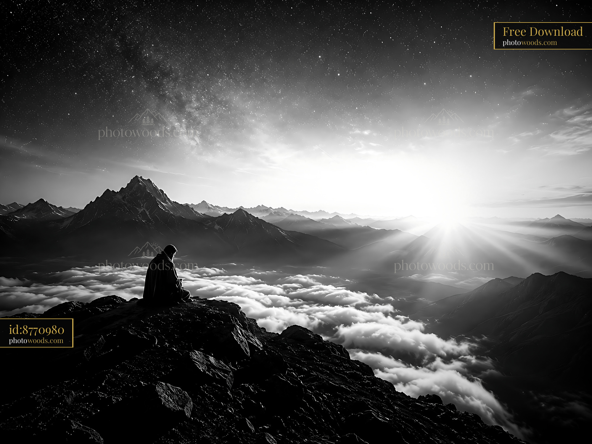 Man Sits on Mountain Peak Looking at Sunrise Over Clouds