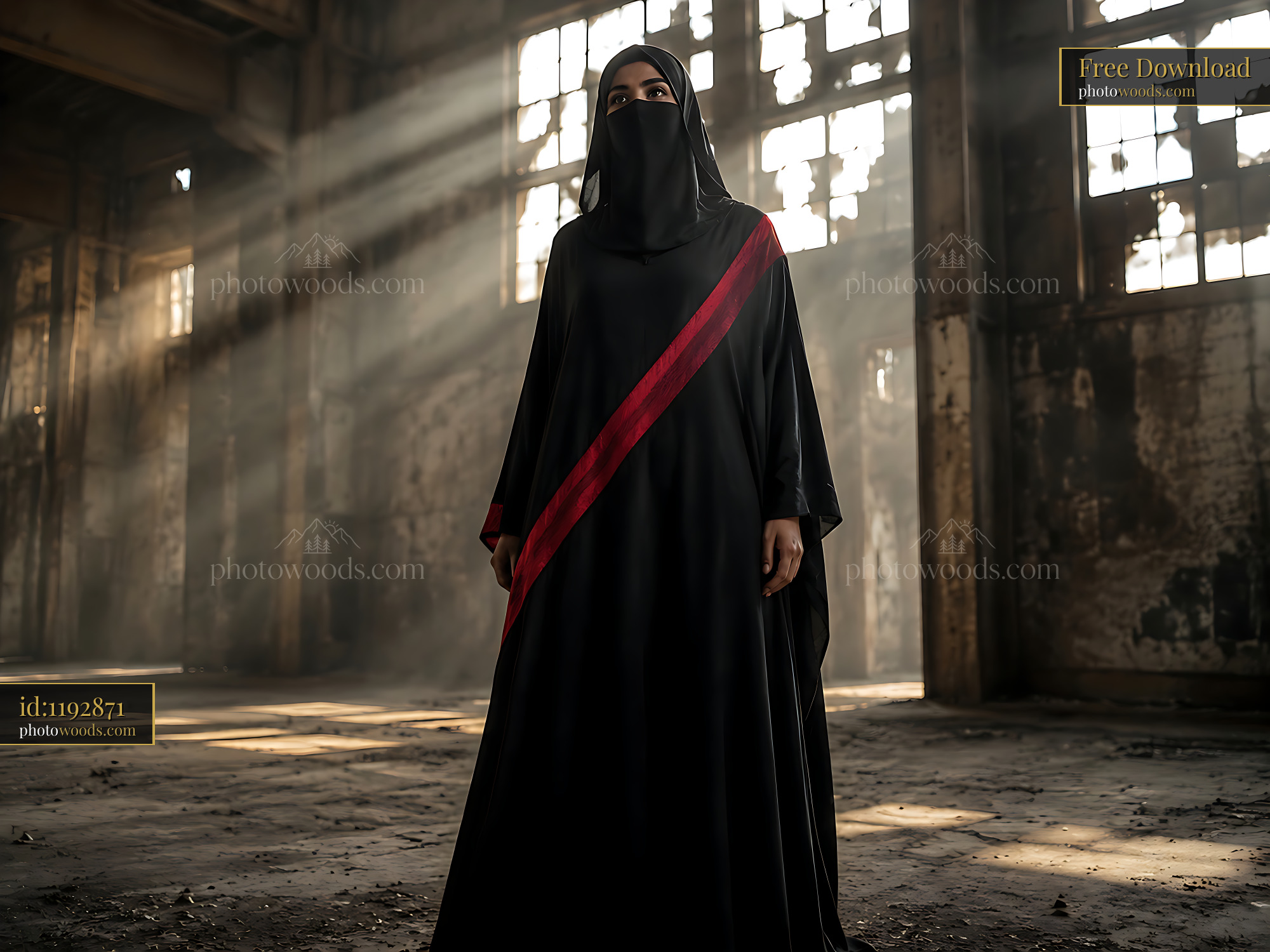 Woman in Black Attire Stands in Empty Warehouse With Sunlight