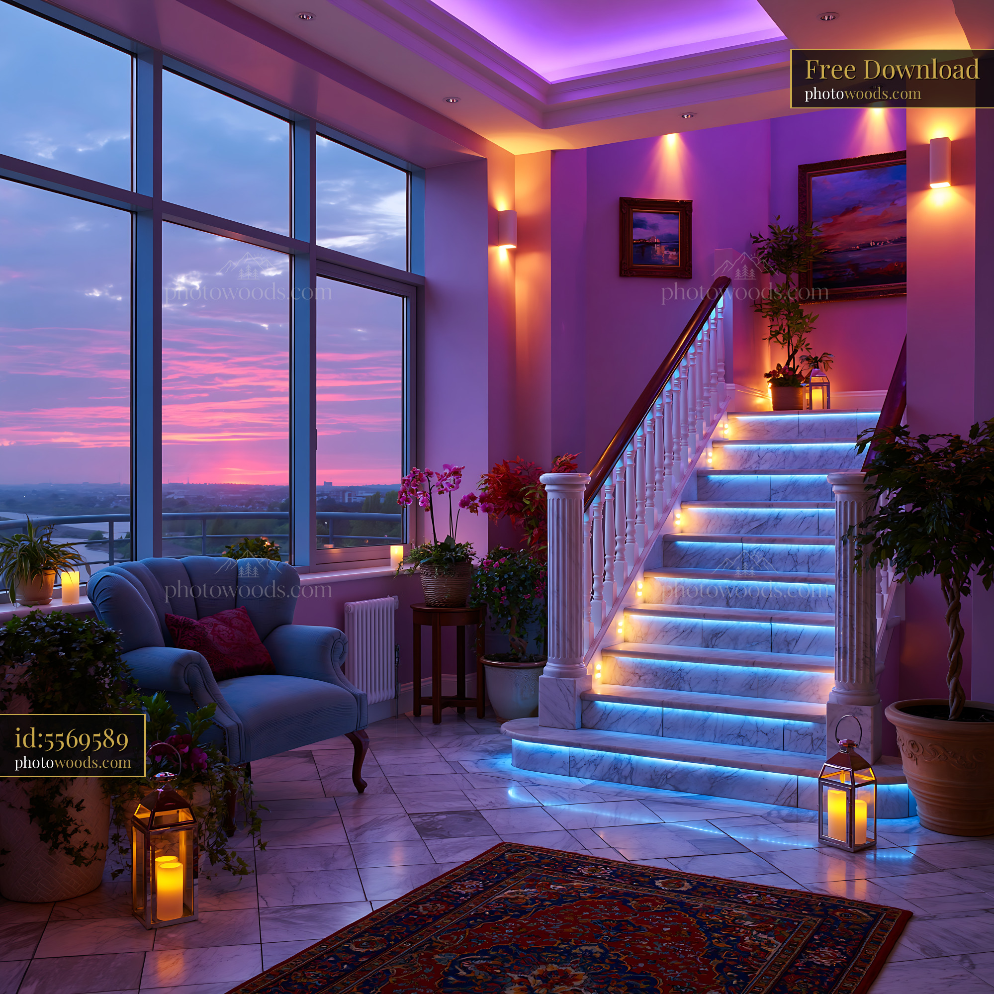 Marble Entrance Hall With Staircase and Decorative Lighting
