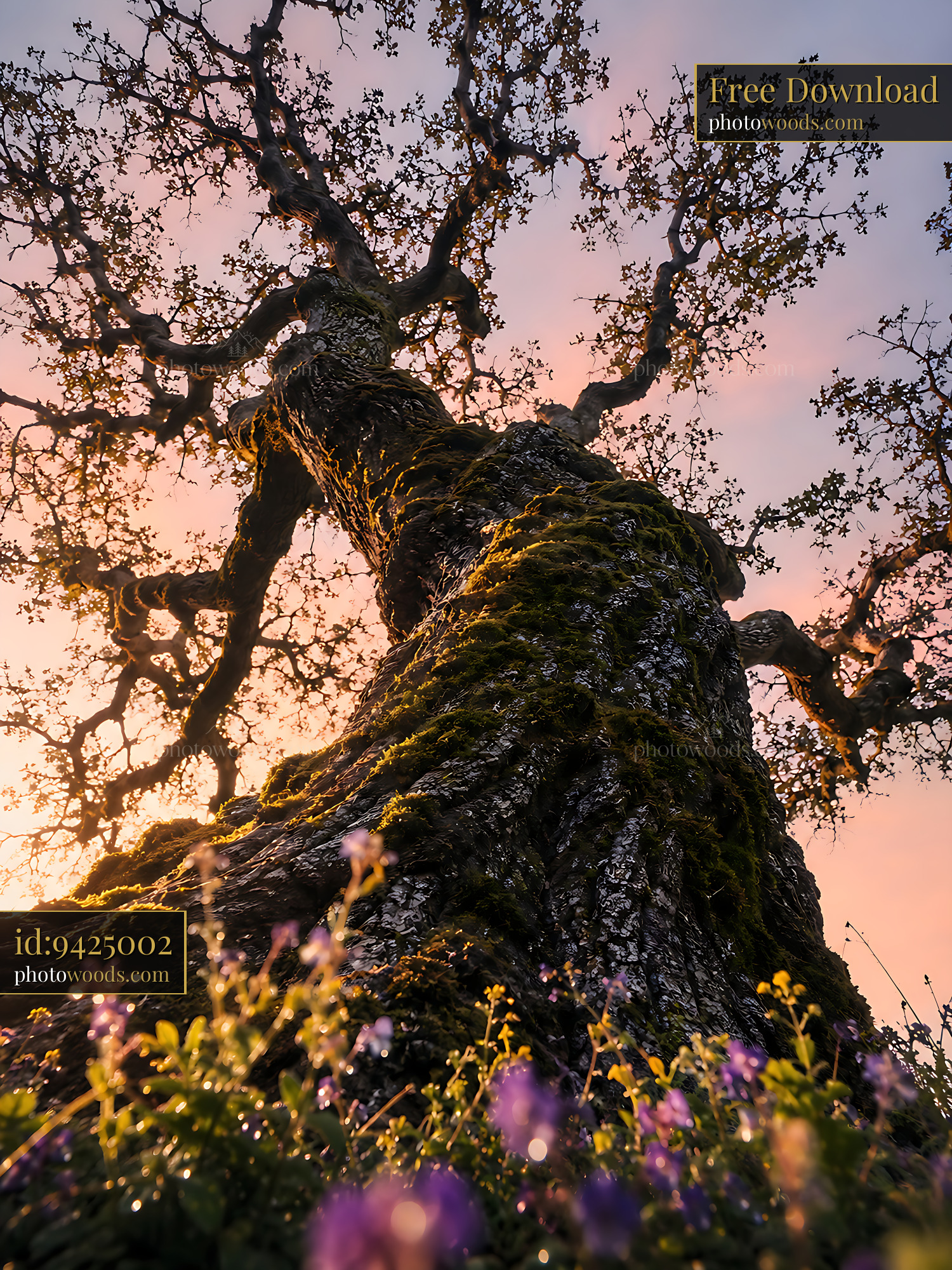 Tree Trunk Towers Over Flowers at Sunset in a Natural Setting