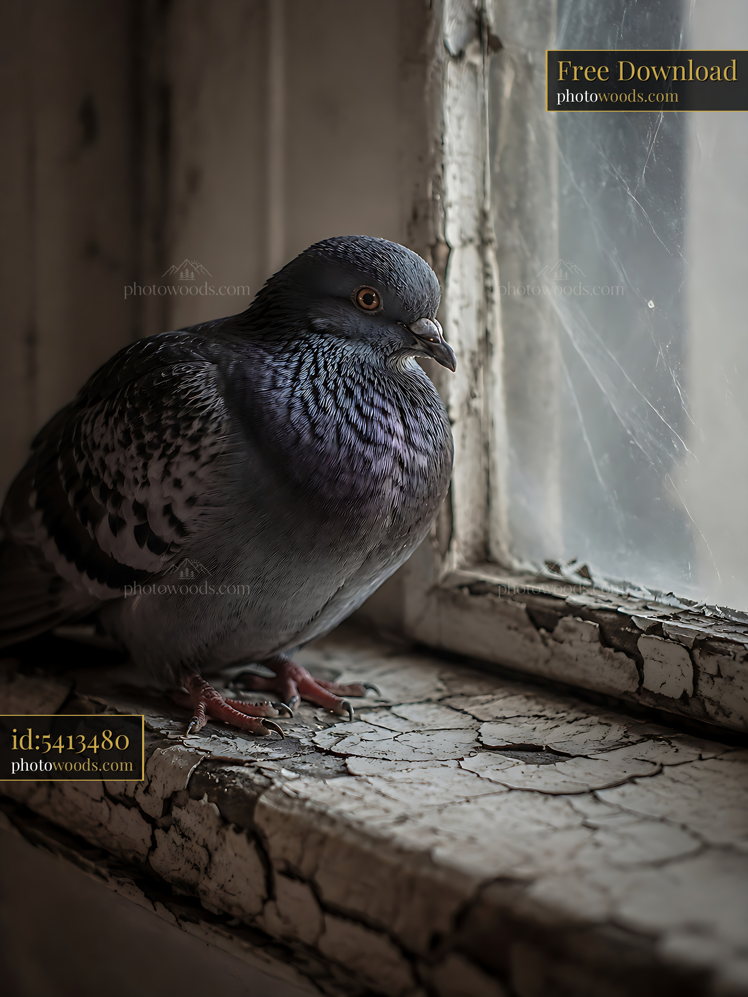Pigeon Resting by the Window in an Old Building