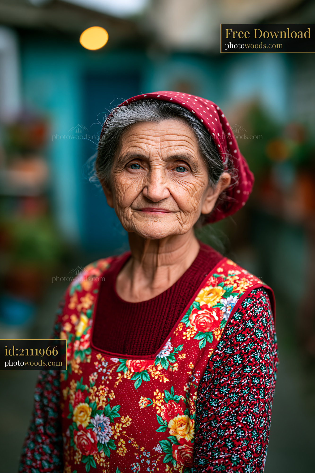 An Elderly Woman in a Colorful Dress Poses Outdoors