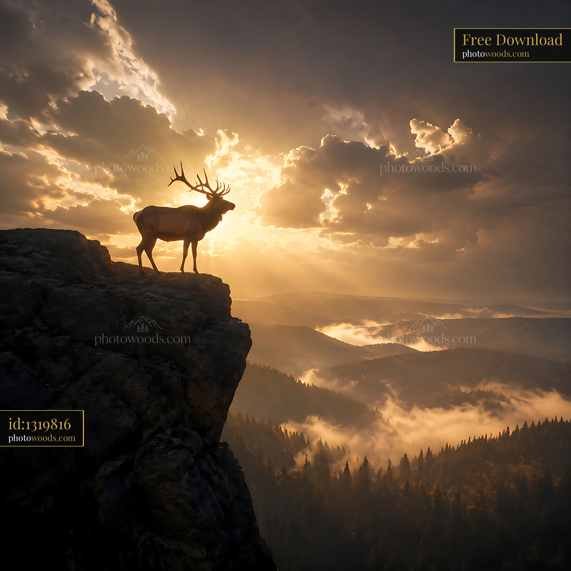 Deer Stands on Cliff Edge Overlooking Misty Valley at Sunset
