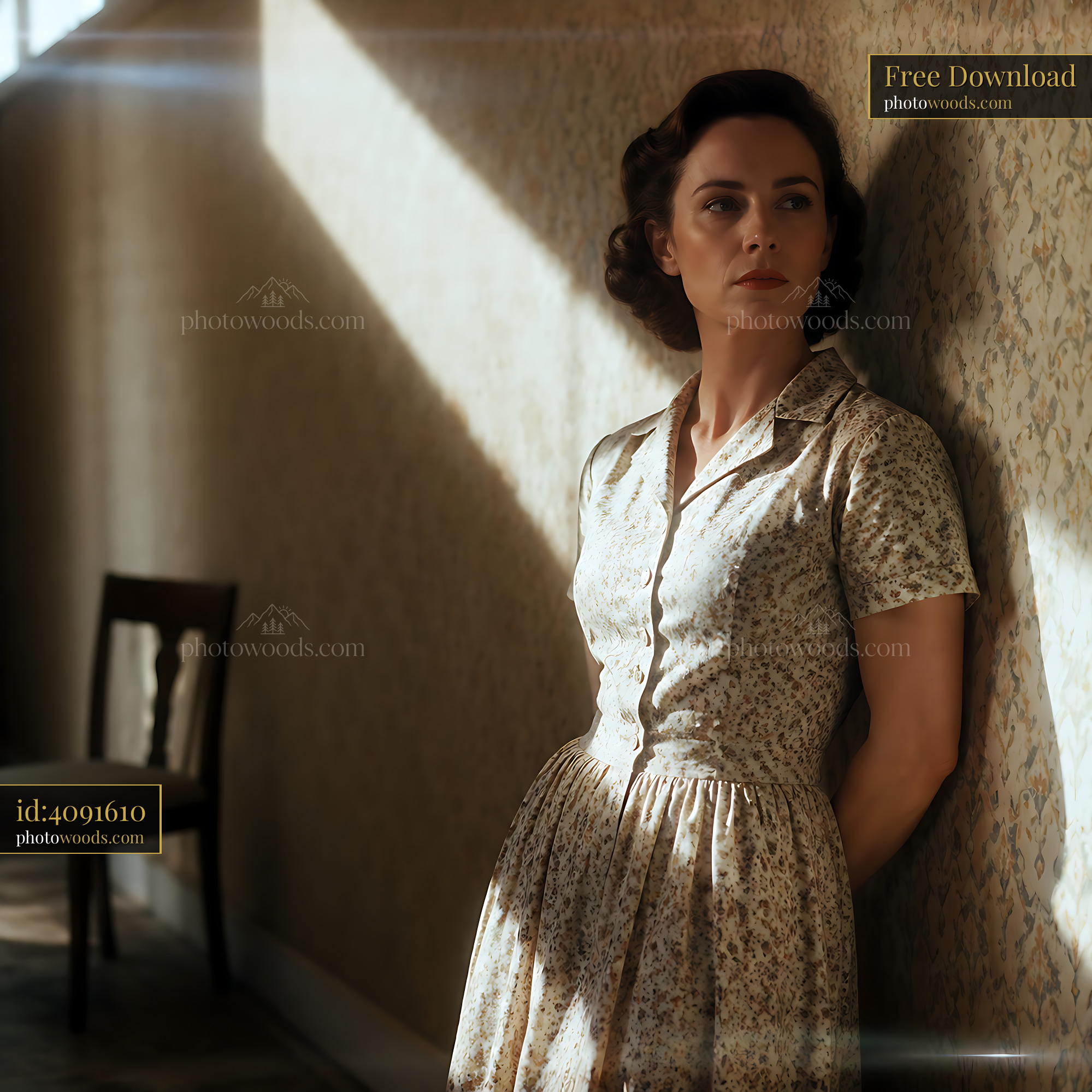 Woman in Vintage Dress Stands Against a Wall With Soft Light