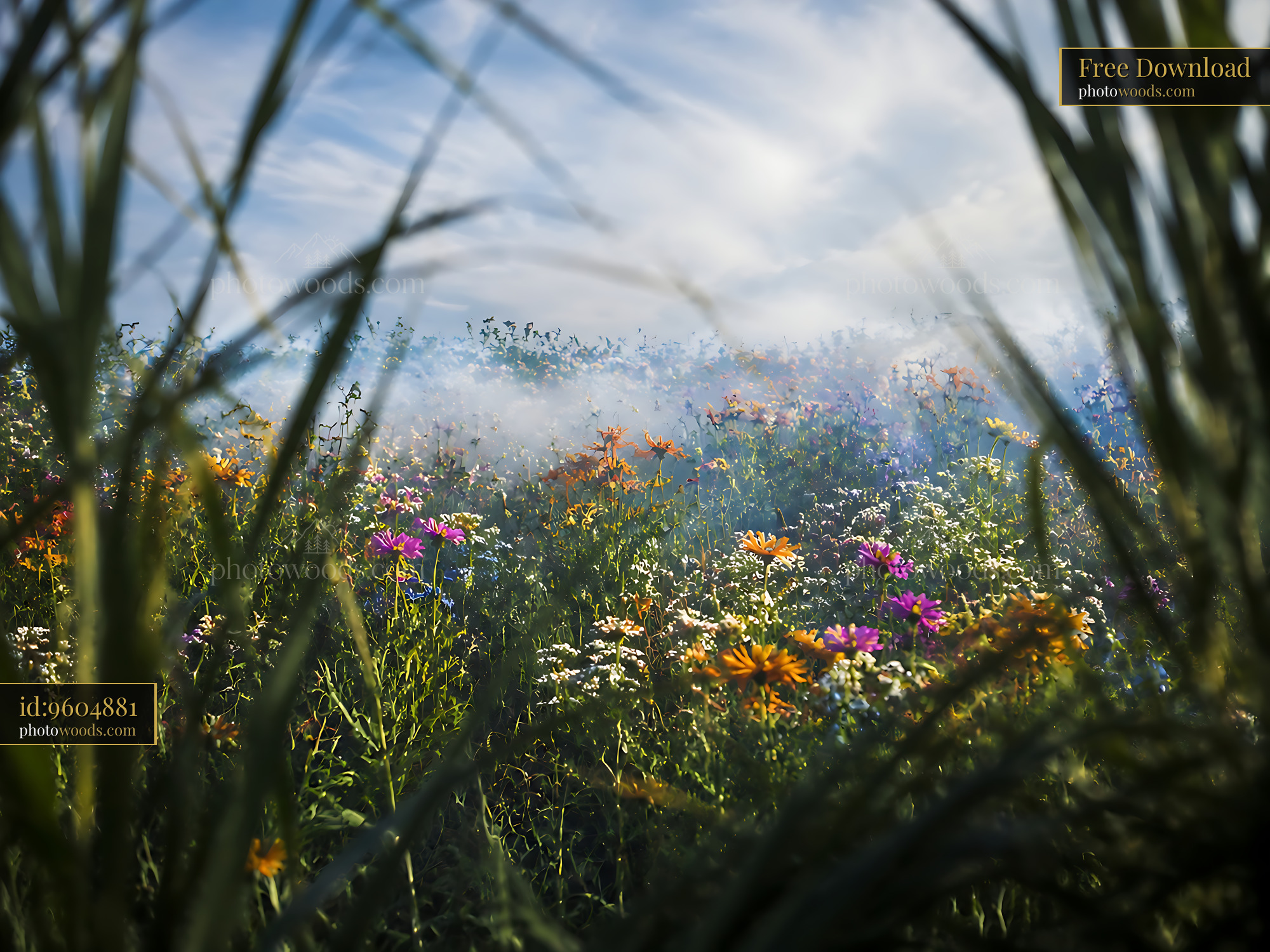 Wildflowers Bloom in a Field Under a Blue Sky With Clouds