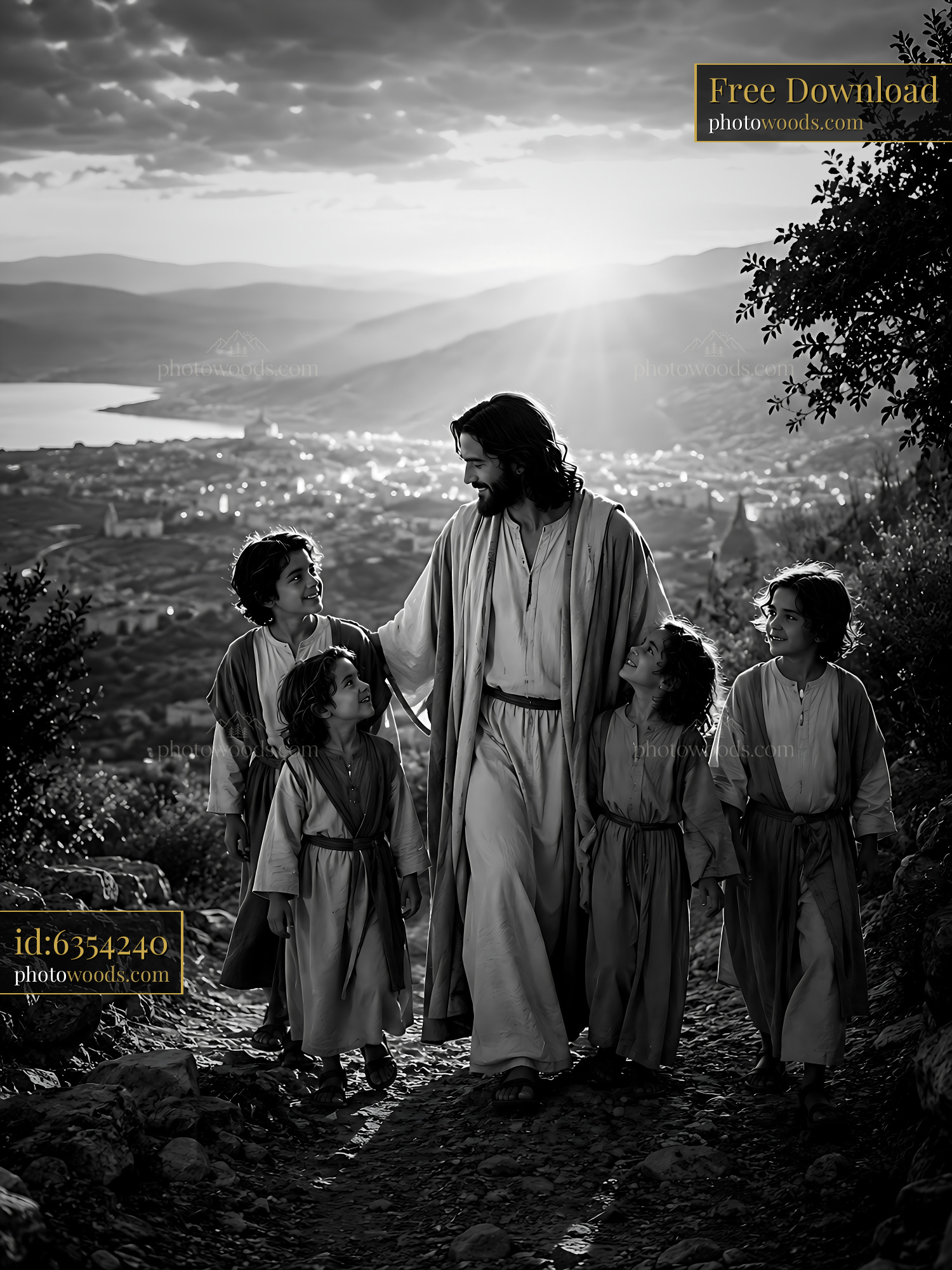 Jesus Walks With Children on a Narrow Path in a Valley