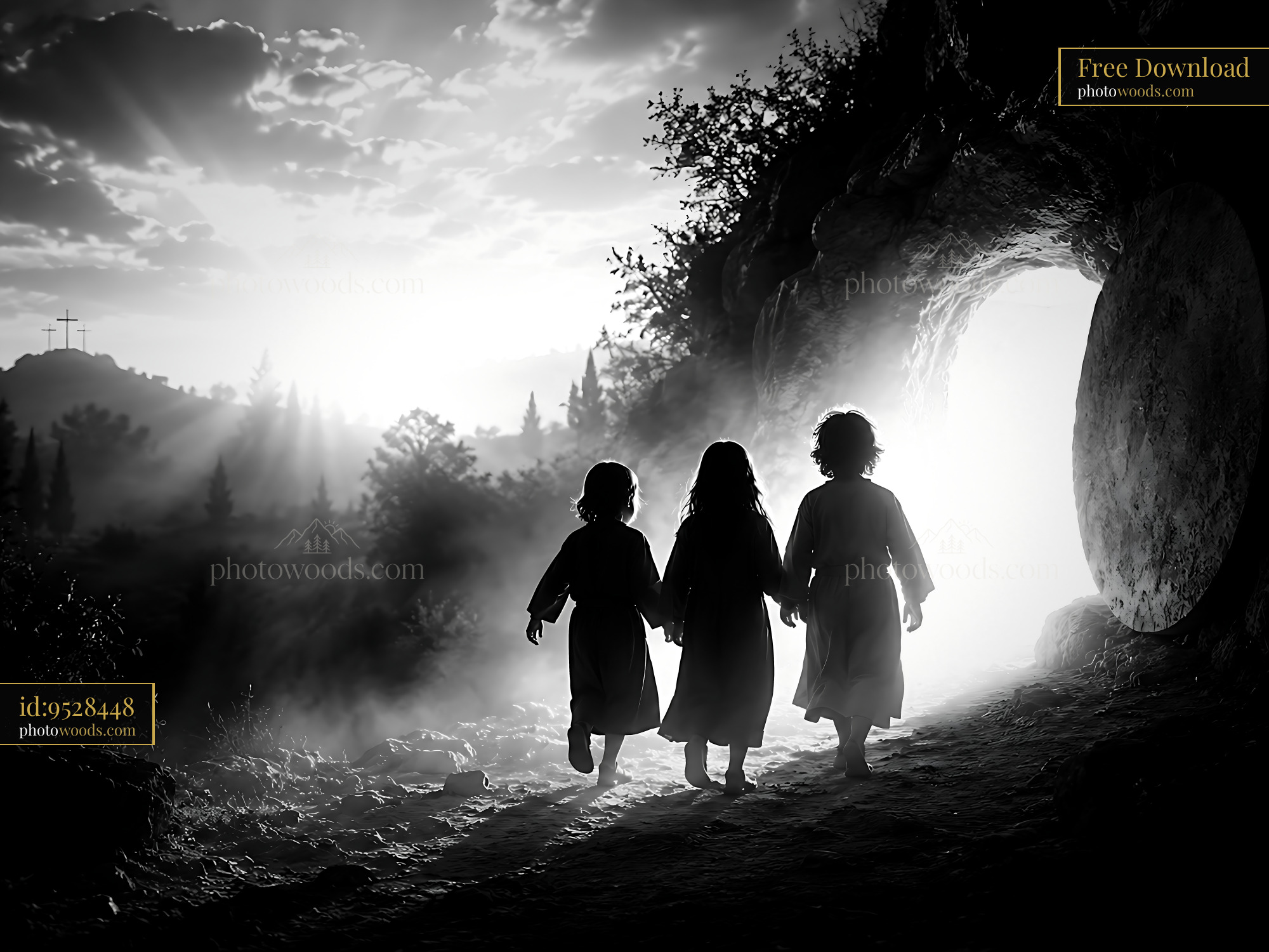 Children Walking Towards Light Near Cave Entrance at Sunset