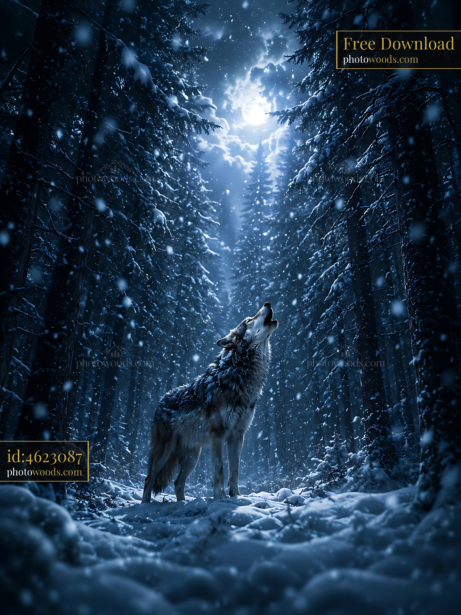 Wolf Howls Under the Moonlight in a Snowy Forest at Night