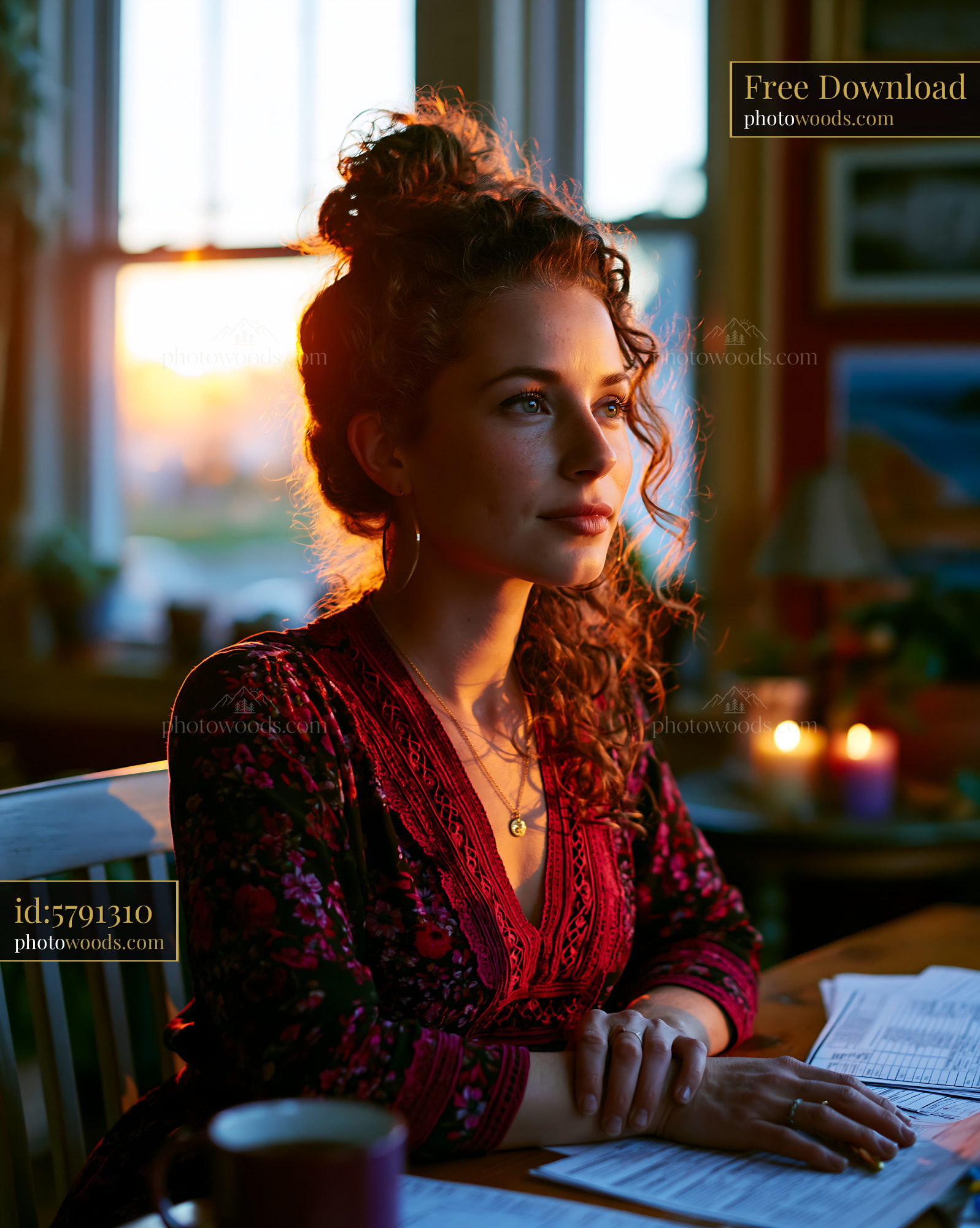 Freelancer Sorting Invoices at a Wooden Table During Sunset