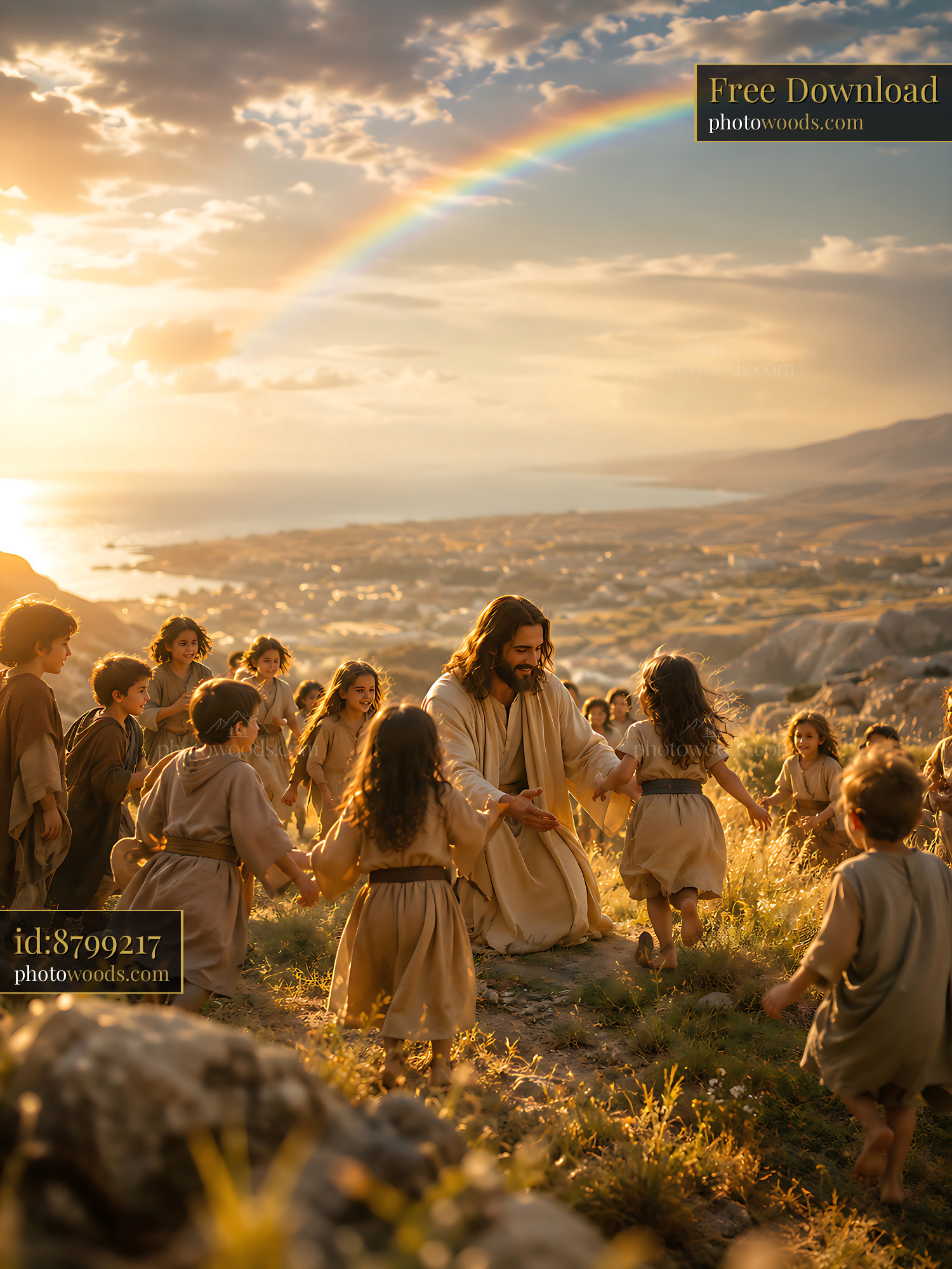 Jesus With Children on a Hillside During Sunset and Rainbow