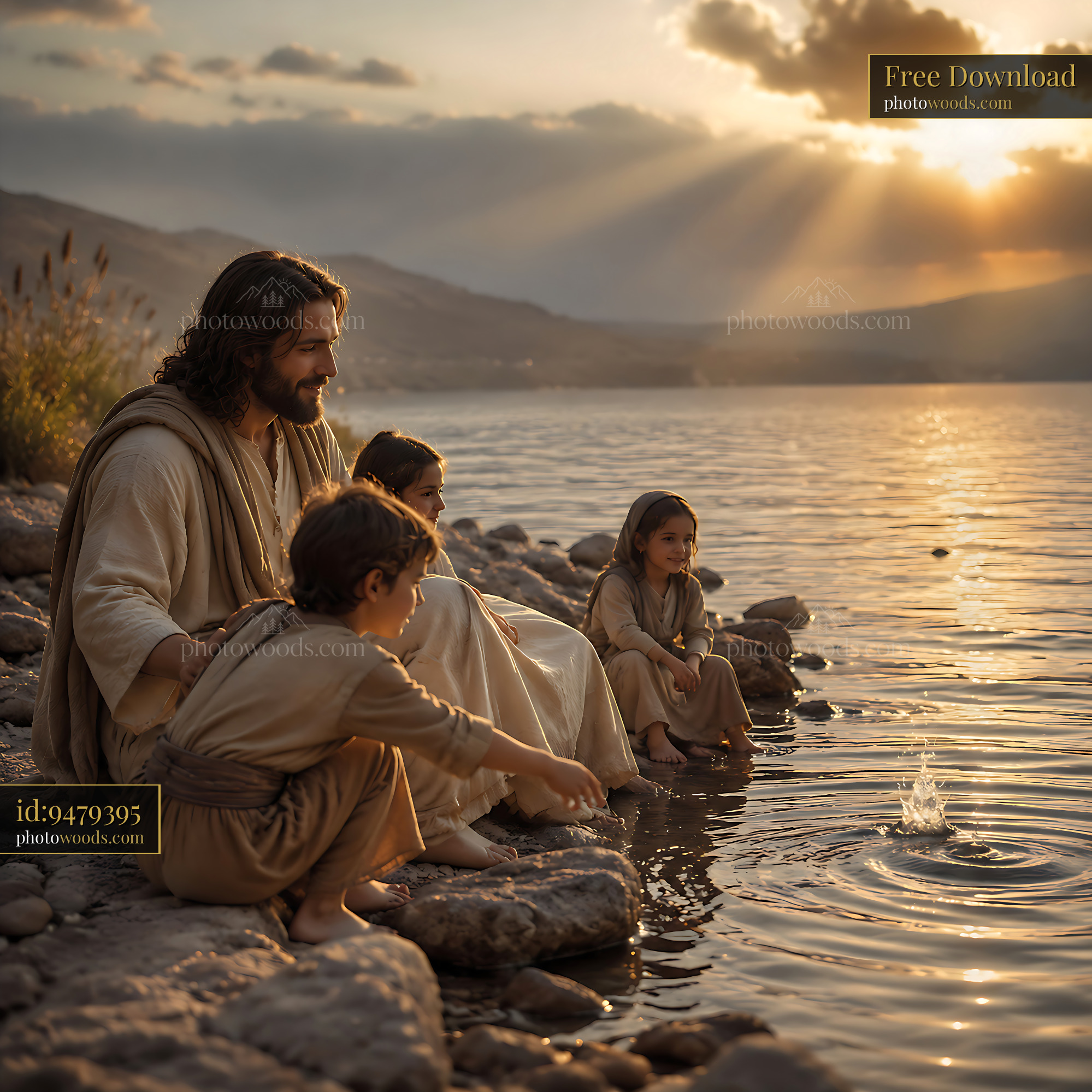 Jesus With Children at the Lakeside During Sunset