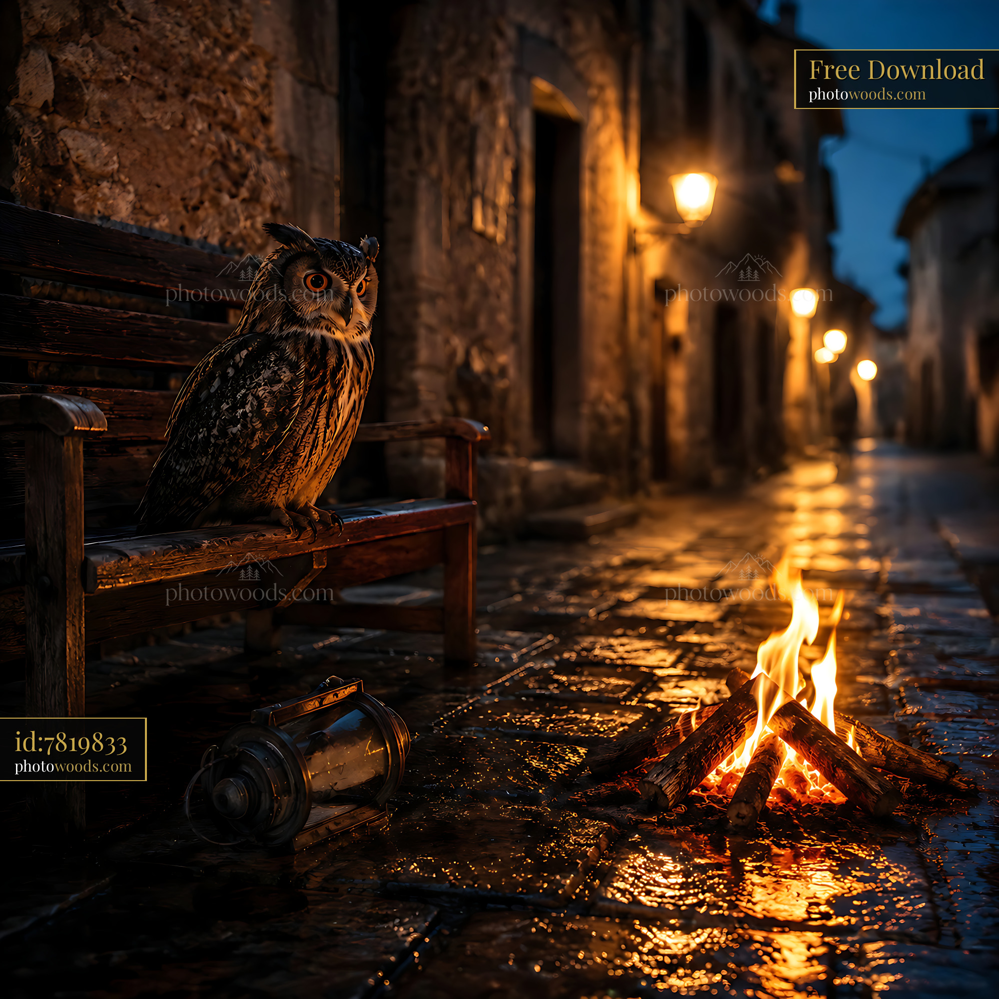 Owl Watches Fire on a Street Bench at Night in an Old Town