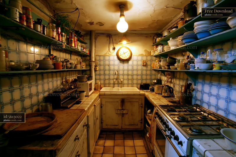 Cluttered Old Kitchen With Sagging Shelves and Vintage Decor