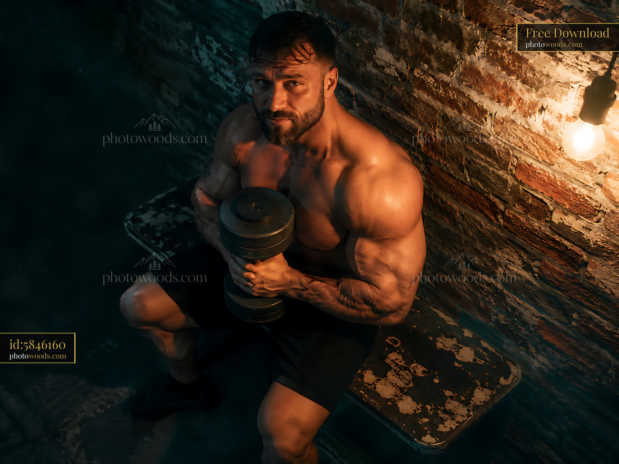 Man Lifting Dumbbell in Gym With Brick Wall and Dim Light