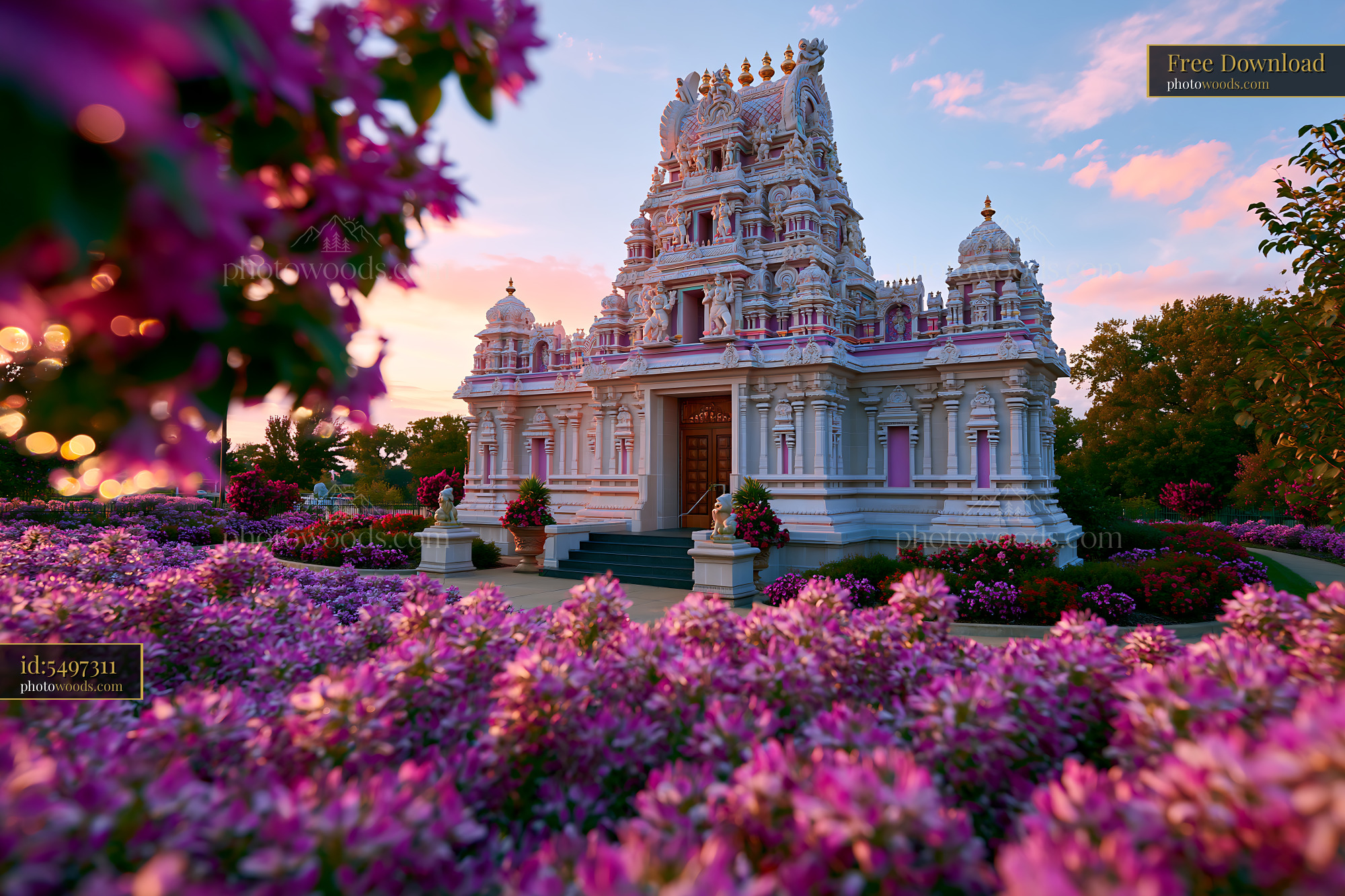 Hindu Temple Surrounded by Blooming Flowers at Sunset