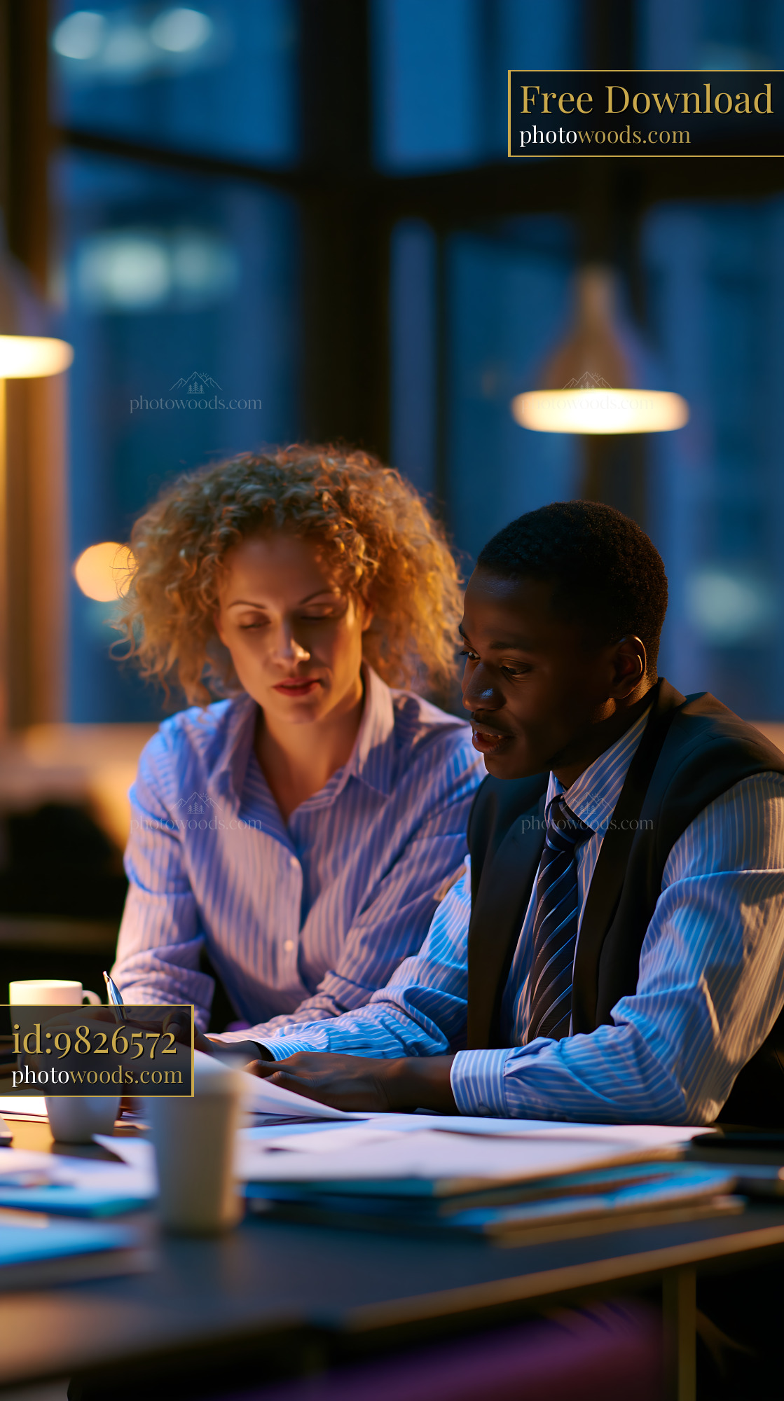 Diverse Hybrid Team Discussing Paperwork in Office at Night