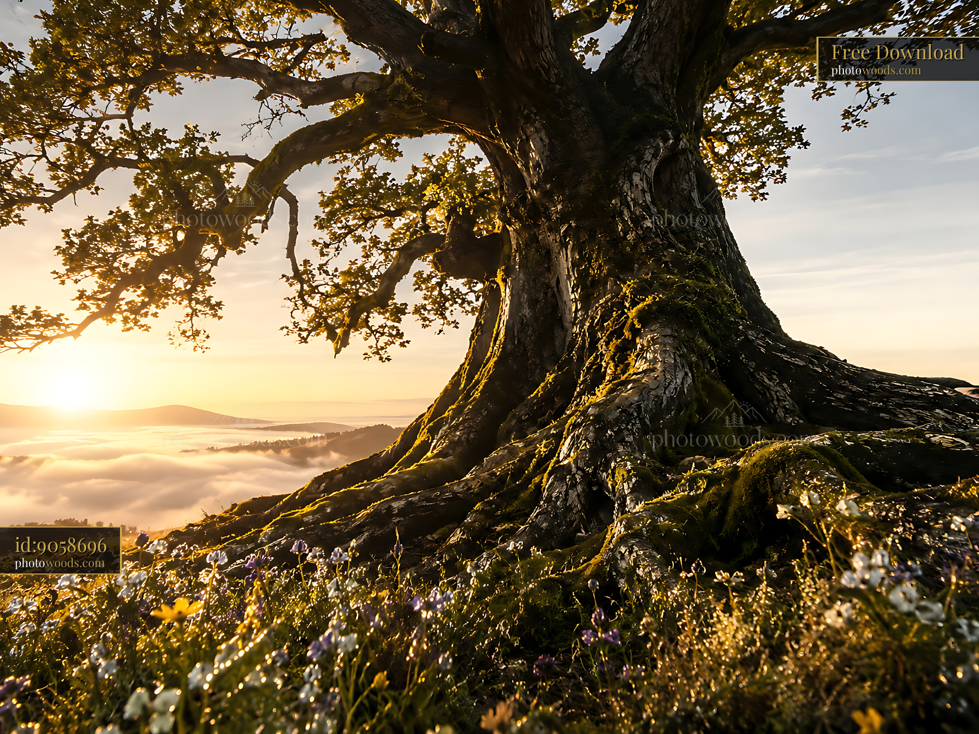 Oak Tree Stands on a Hilltop at Sunrise With a Foggy Valley Below