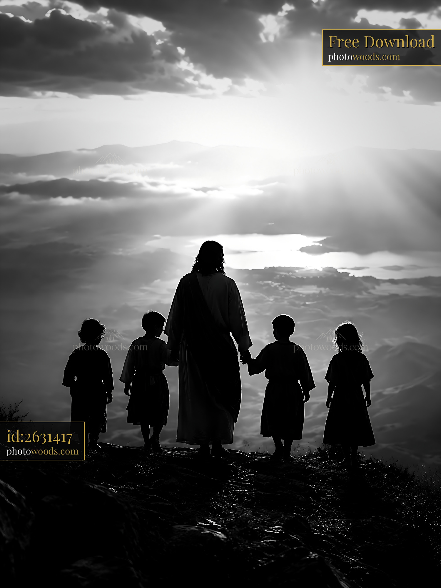 Jesus Walks With Children on a Mountain Trail During Sunset